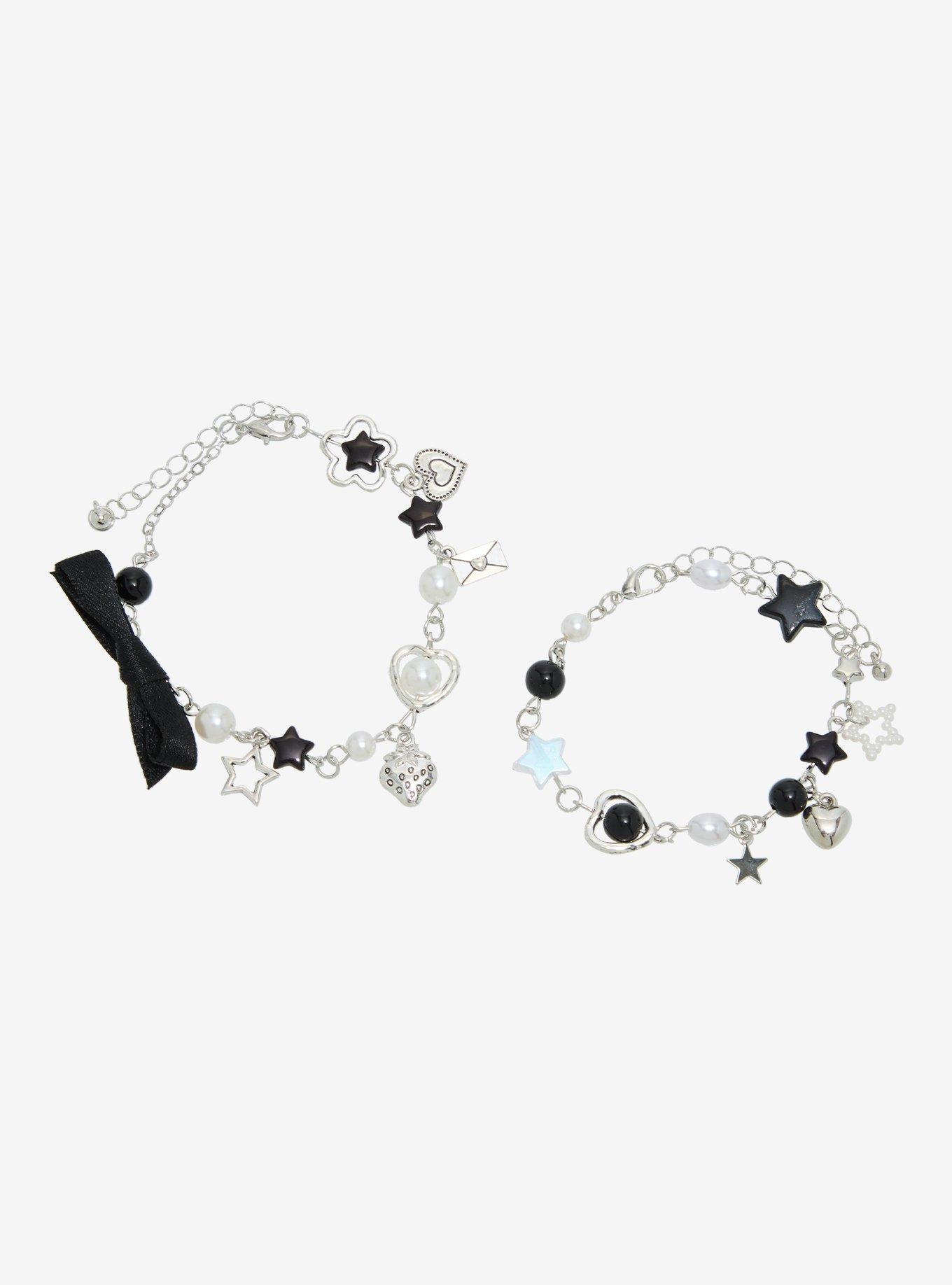 Black Bow Star Heart Charm Bracelet Set, , hi-res