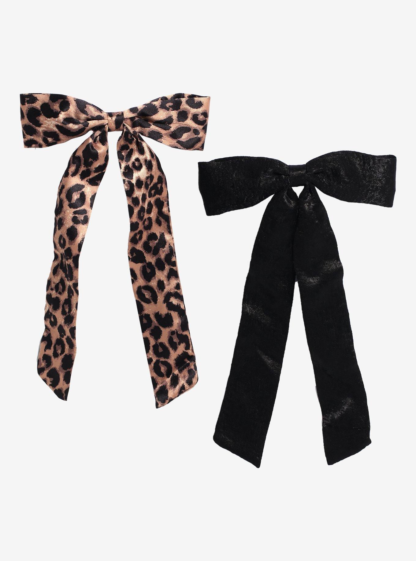 Leopard Print & Black Hair Bow Set, , hi-res