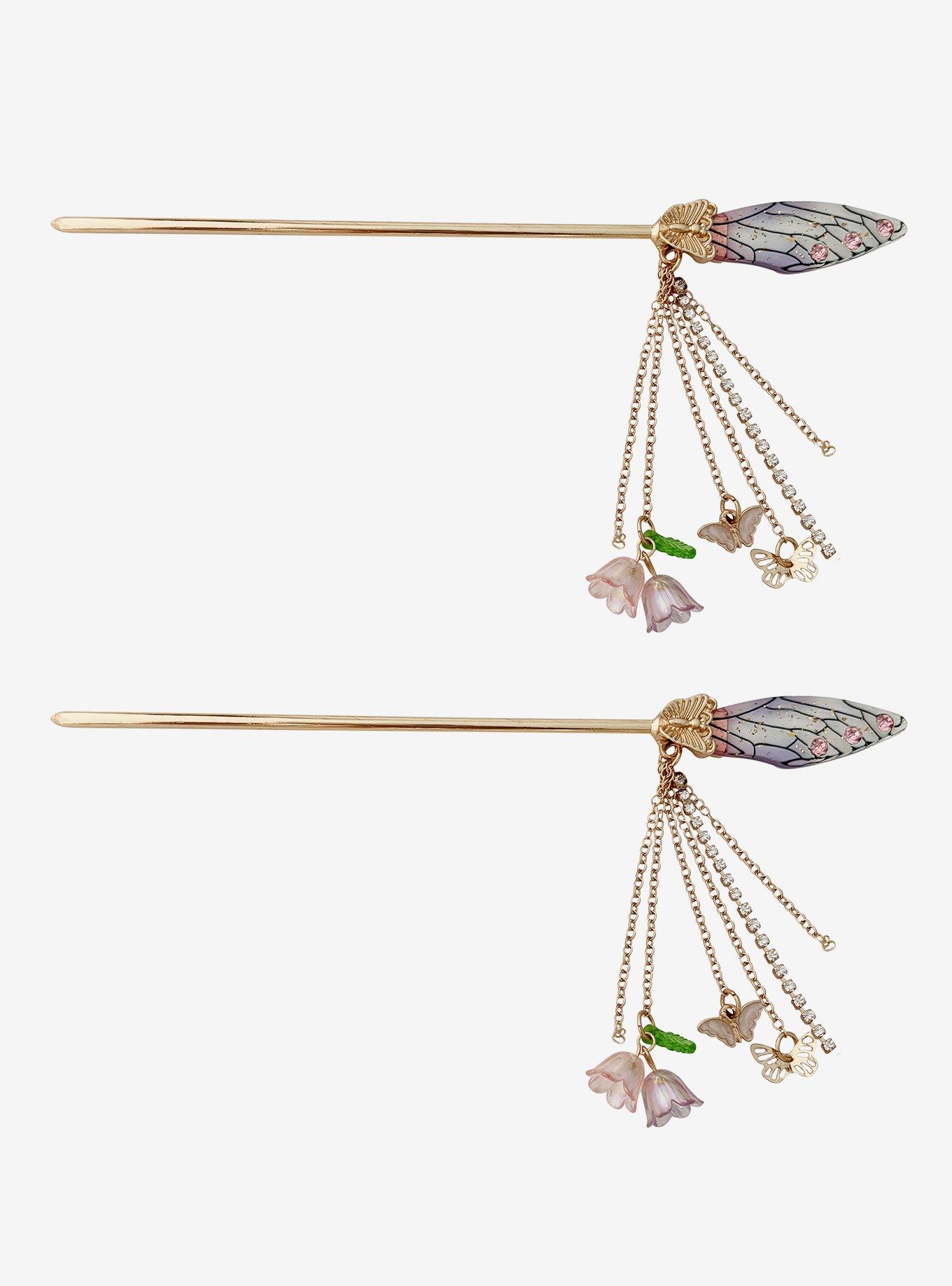 Thorn & Fable Butterfly Wing Flower Chain Hair Sticks, , hi-res