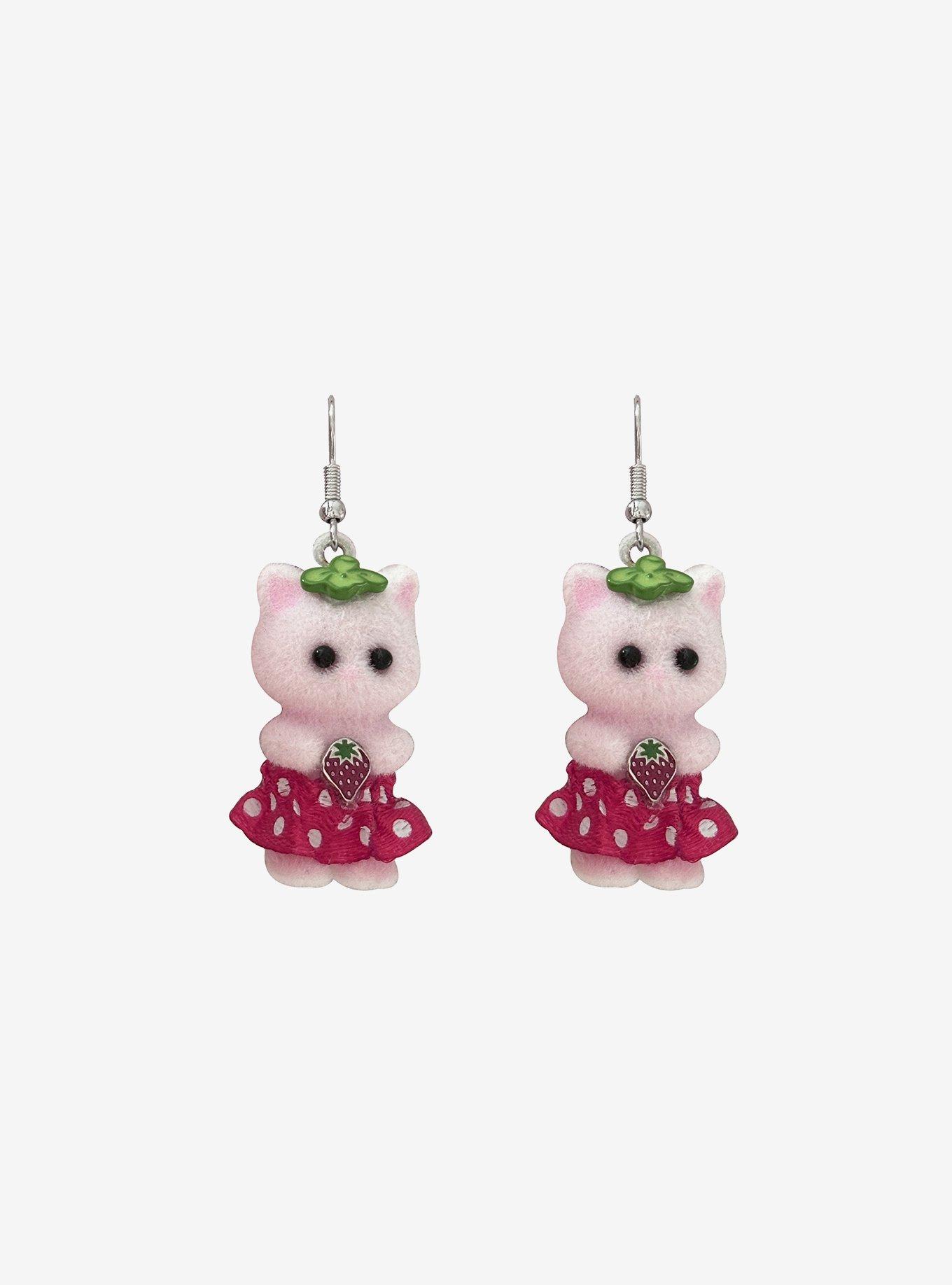 Sweet Society Strawberry Fuzzy Figural Cat Earrings, , hi-res