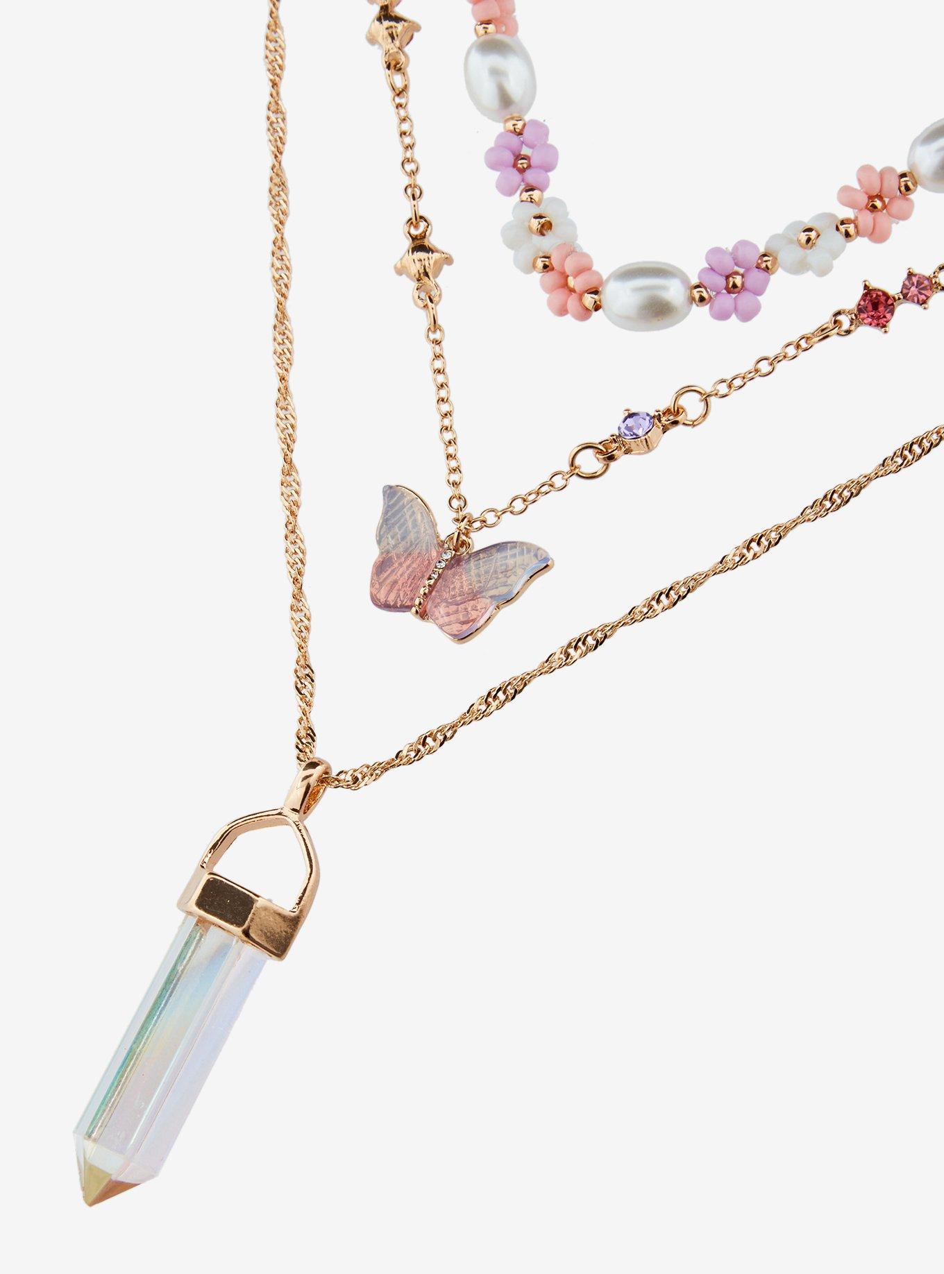 Thorn & Fable Faux Crystal Butterfly Flower Necklace Set, , alternate