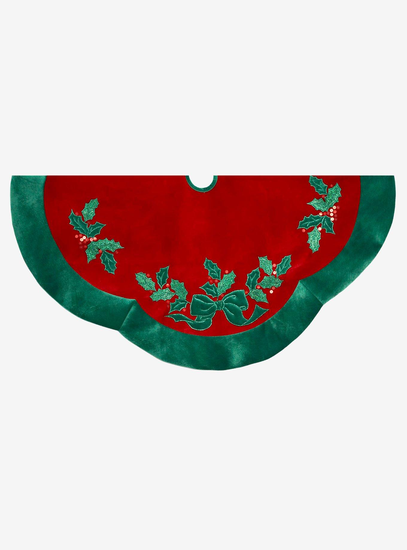 Velvet Red with Green Leaves Applique Tree skirt, , hi-res