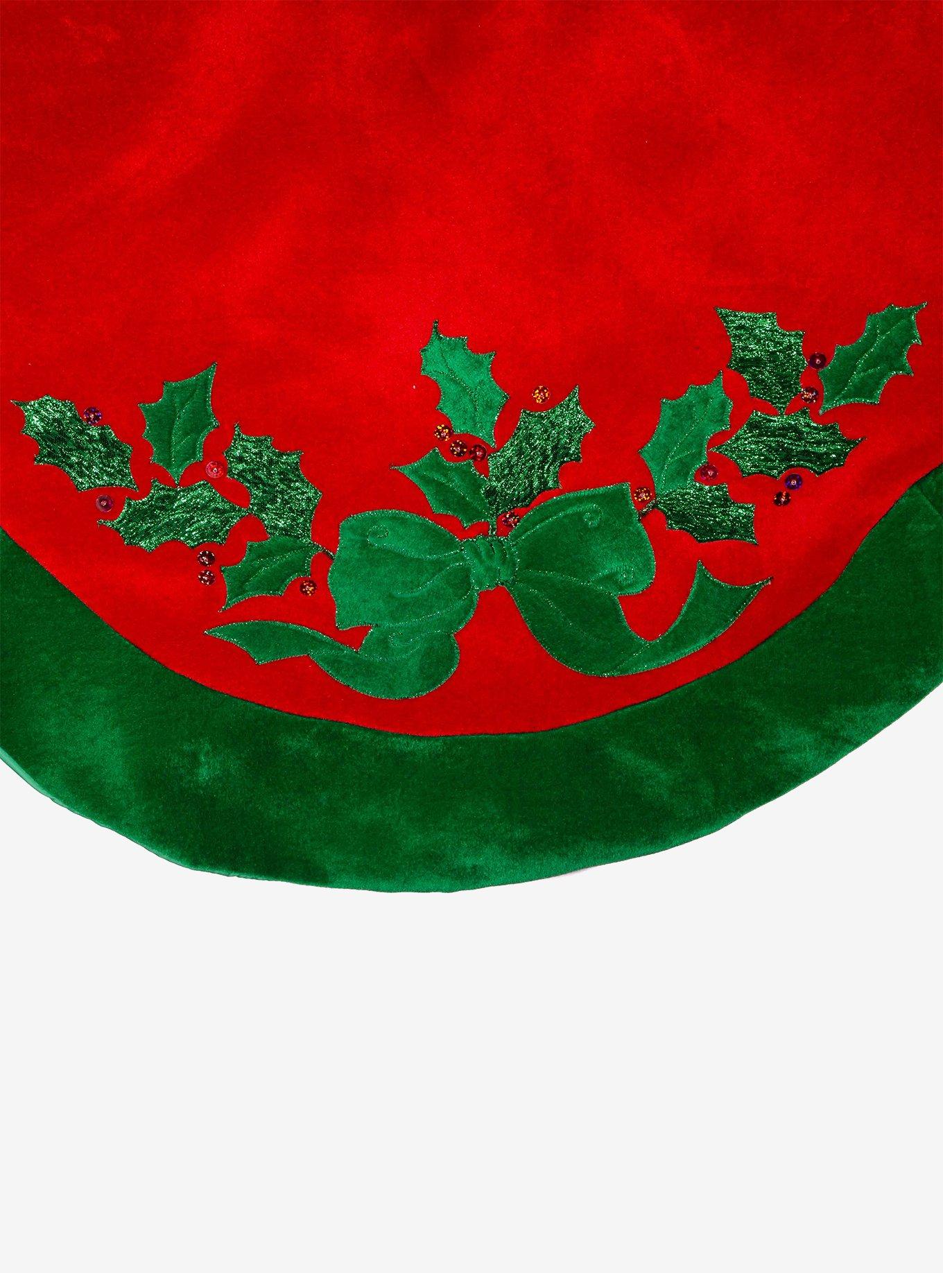 Velvet Red with Green Leaves Applique Tree skirt, , alternate