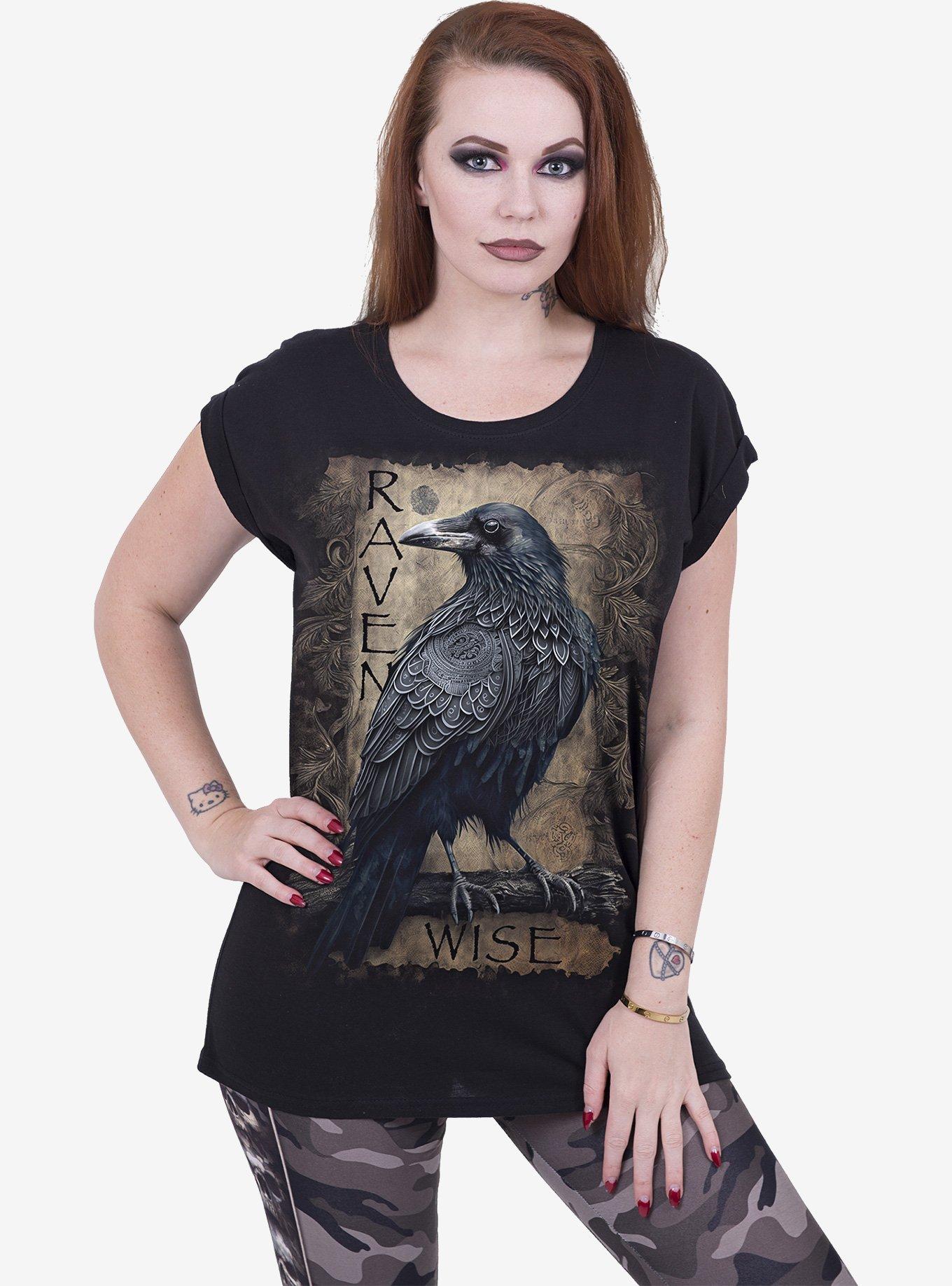 Spiral Raven Wise Turnup Sleeve Loose Fit Tee, BLACK, alternate