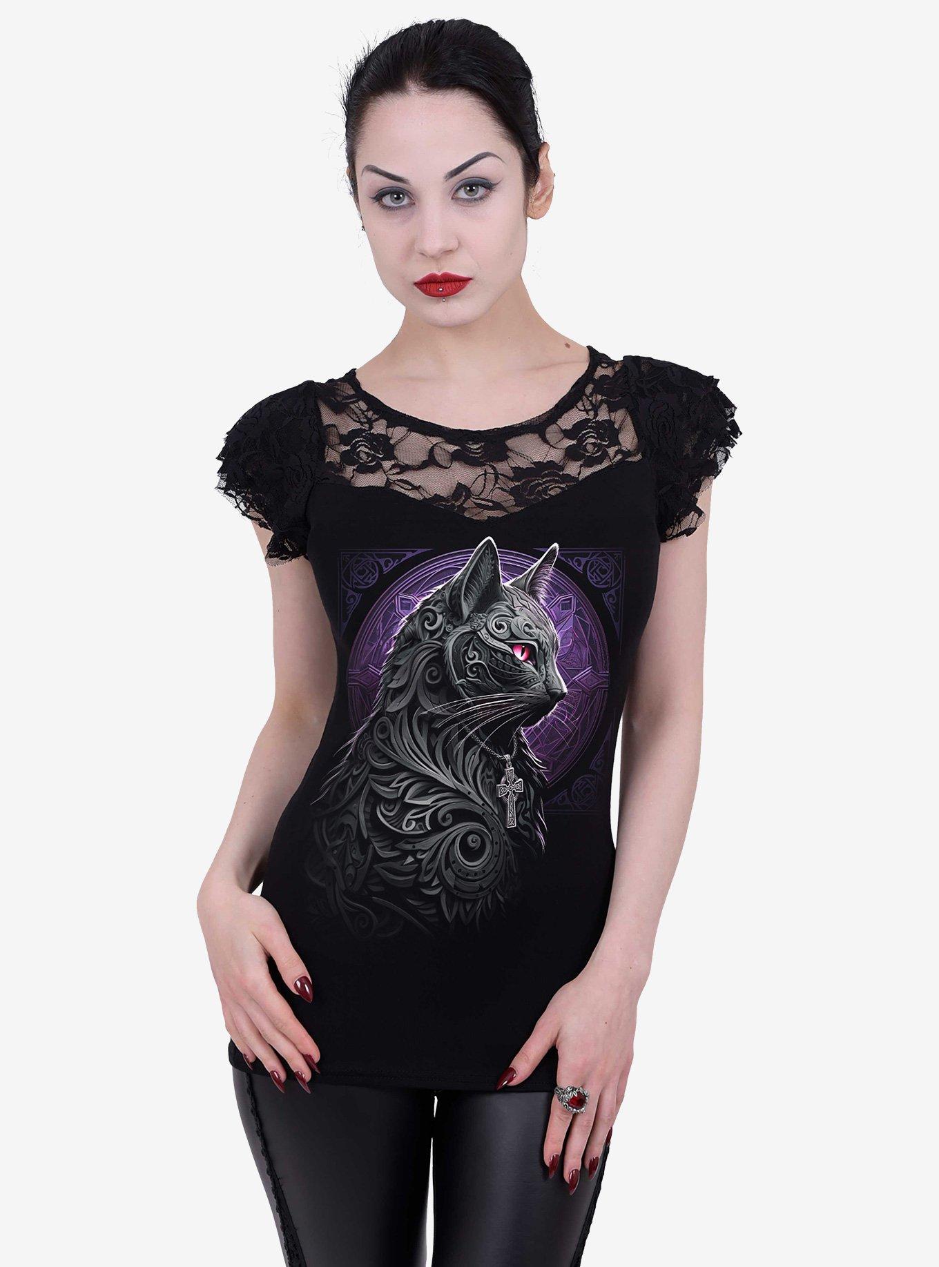 Spiral Celtic Whiskers Lace Layered Cap Sleeve Top, BLACK, alternate