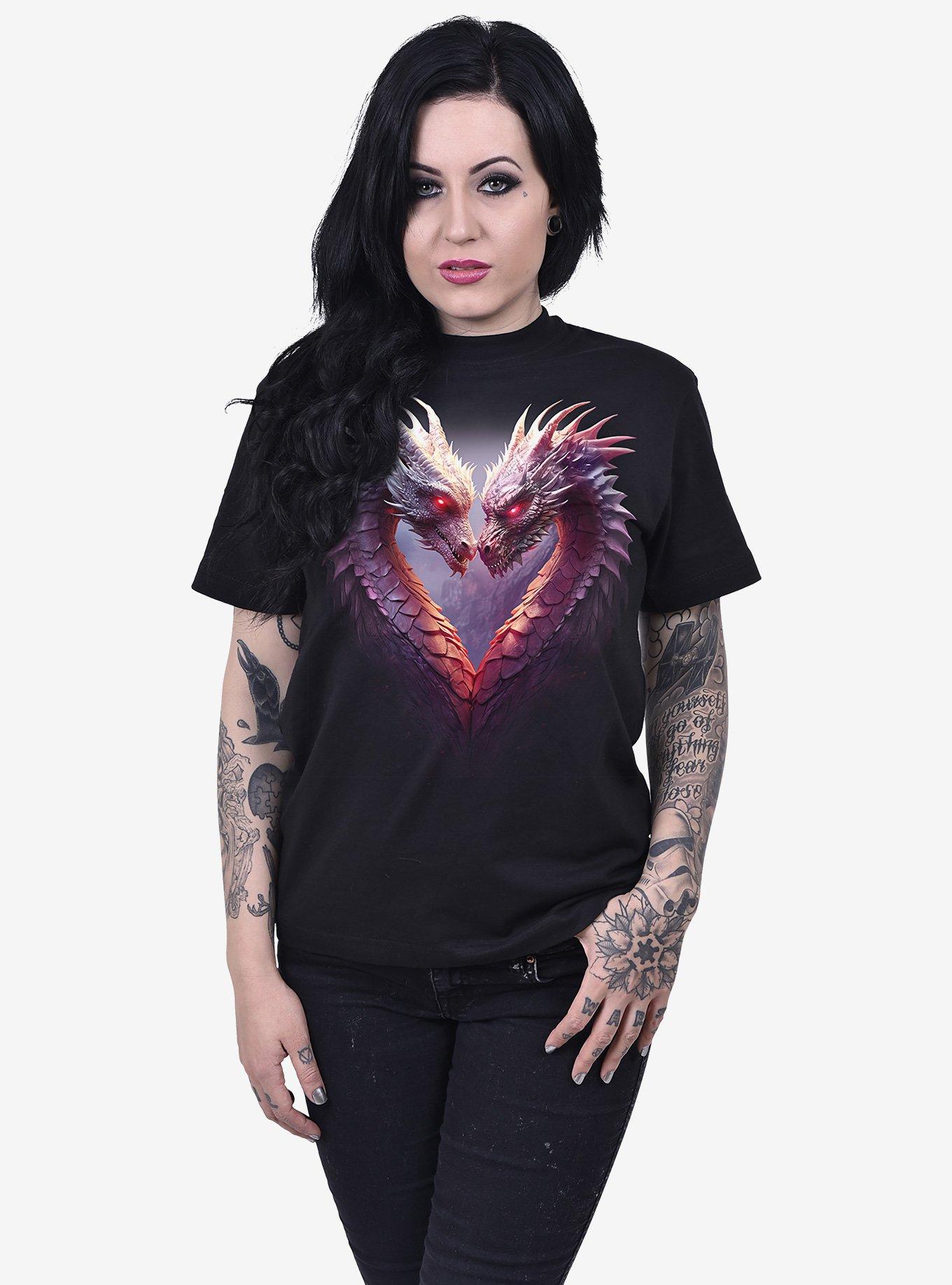 Spiral Heart of Dragons Front Print T-Shirt, BLACK, alternate