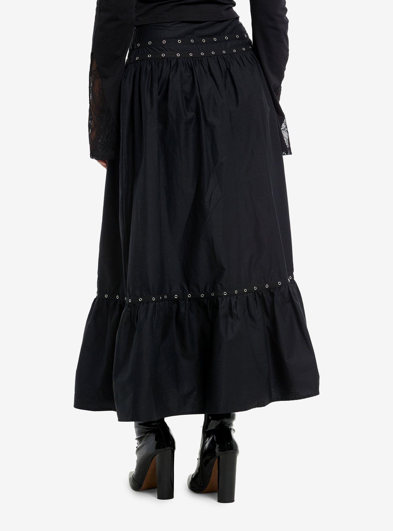 Black Grommet Tiered Maxi Skirt, BLACK, alternate