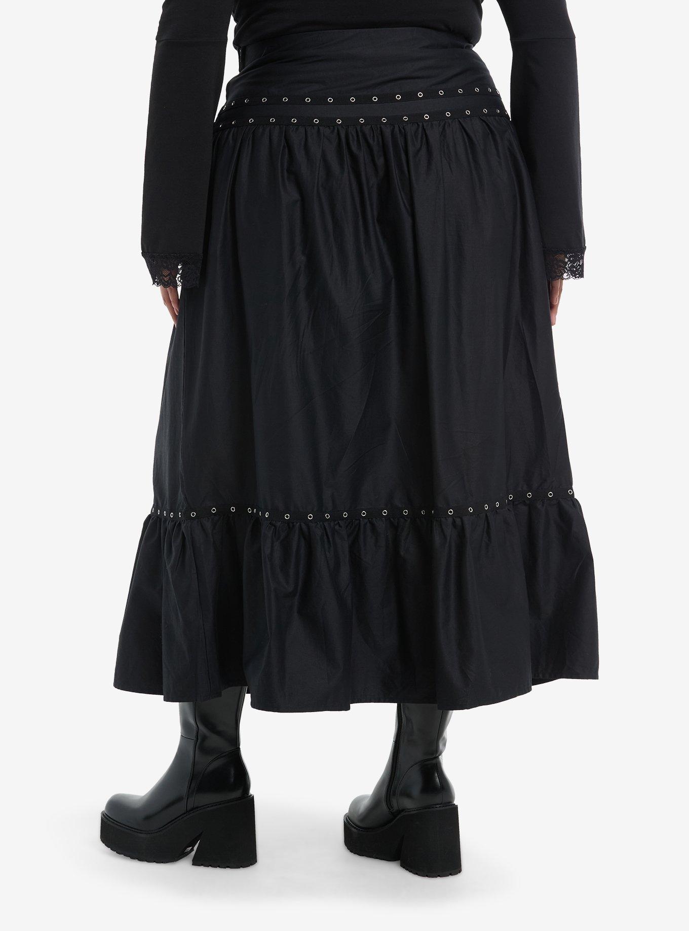 Black Grommet Tiered Maxi Skirt Plus Size, , hi-res