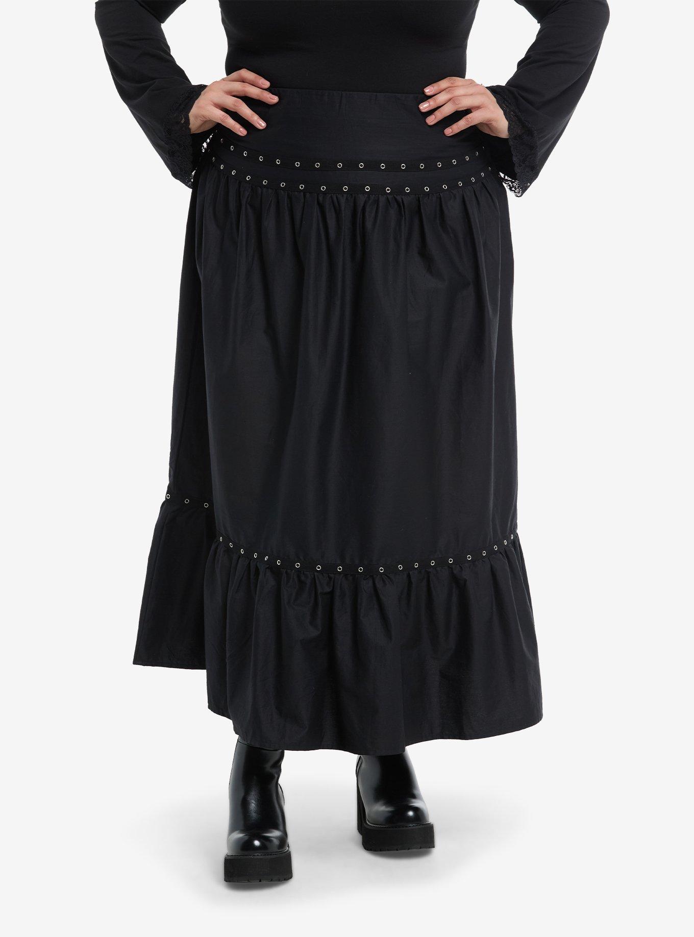 Black Grommet Tiered Maxi Skirt Plus Size, BLACK, alternate