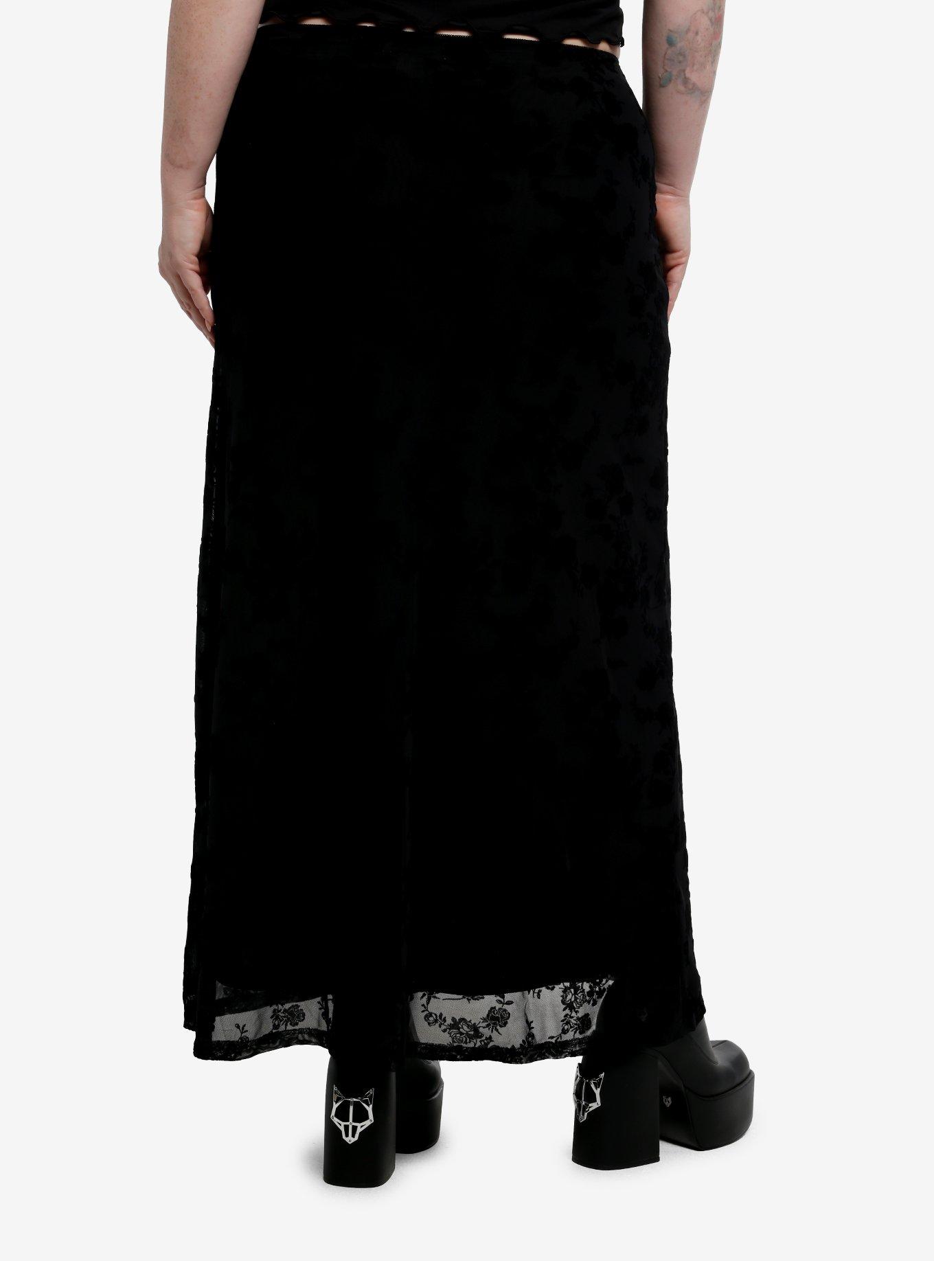 Daisy Street Black Floral Flocked Maxi Skirt Plus Size, , hi-res
