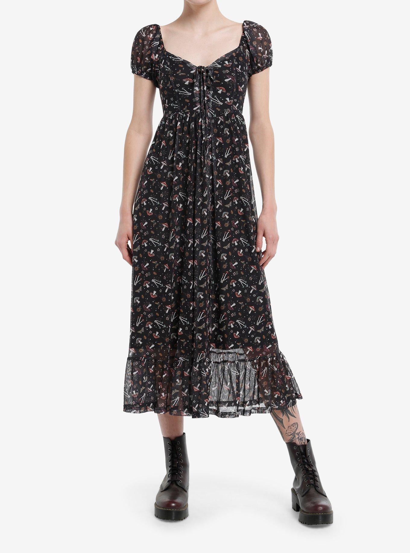 Mushrooms & Flowers Lace-Up Mesh Maxi Dress, , hi-res