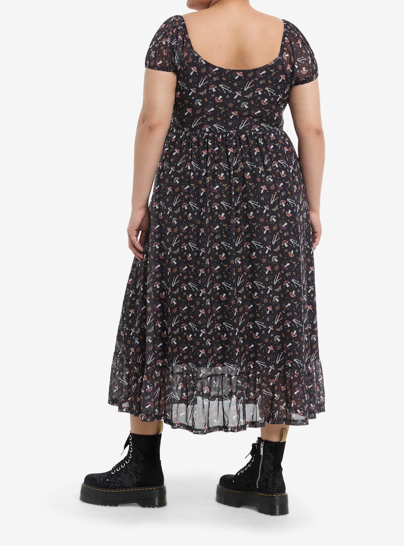 Mushrooms & Flowers Lace-Up Mesh Maxi Dress Plus Size, , hi-res