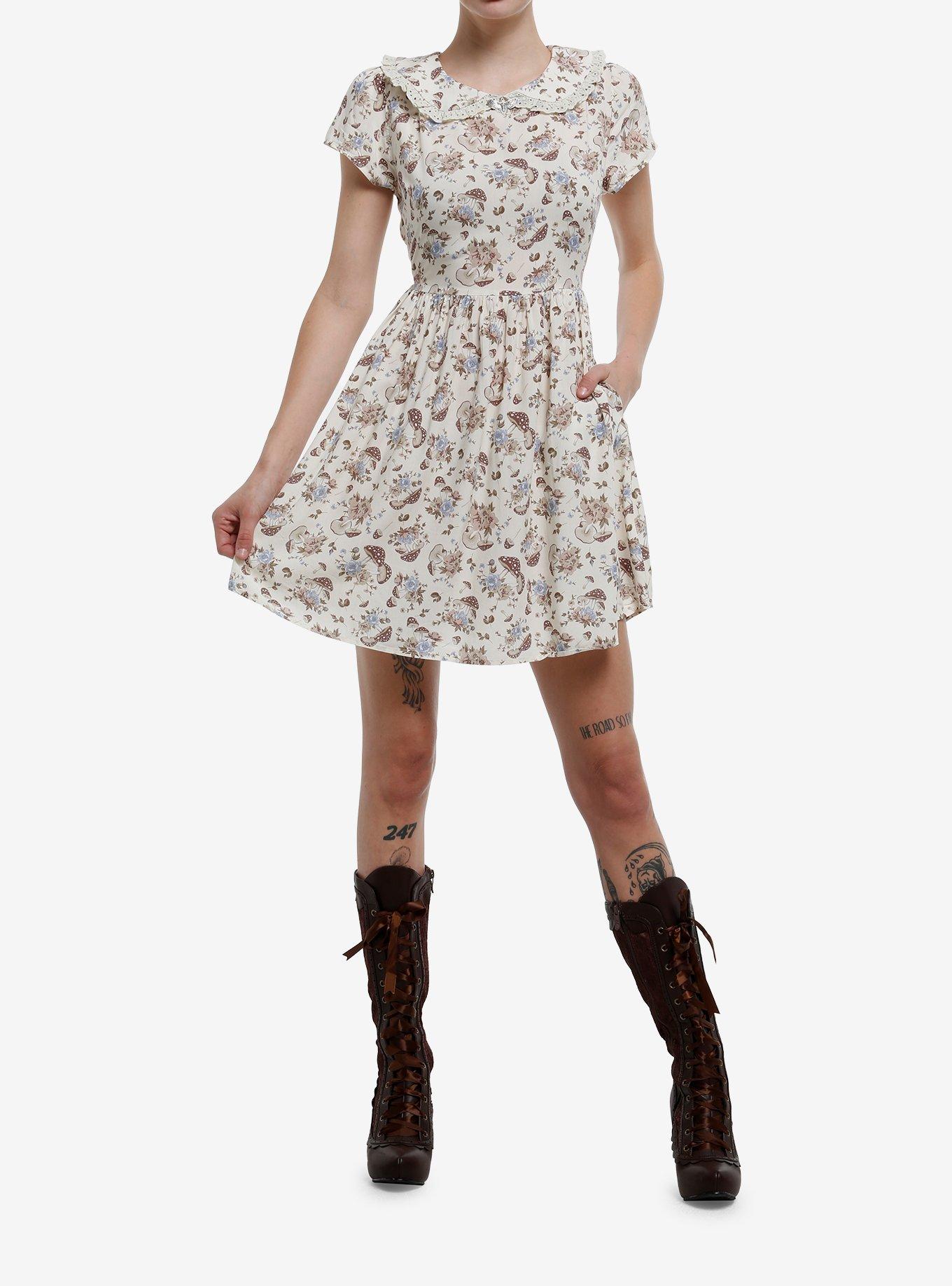 Cream Butterfly Mushroom Collared Dress, , hi-res