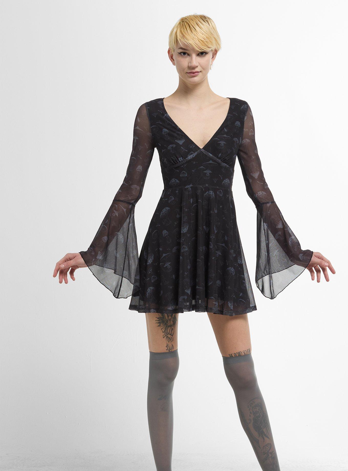 Thorn & Fable Black Mushroom Mesh Bell Sleeve Dress, , hi-res