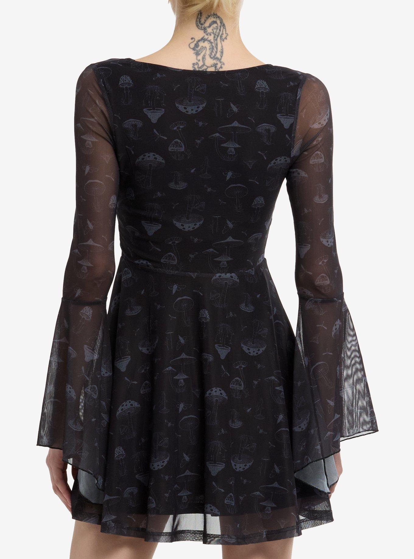 Thorn & Fable Black Mushroom Mesh Bell Sleeve Dress, GREY, alternate