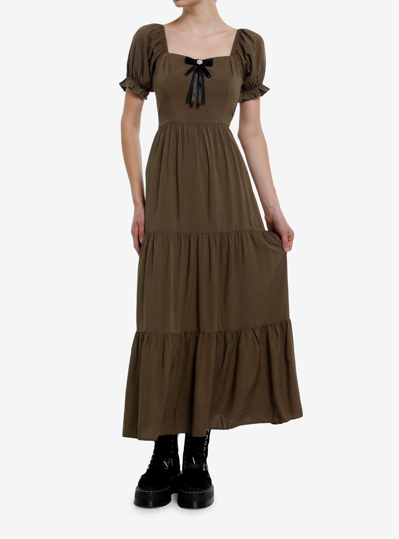 Olive Green Pearl Bow Puff Sleeve Maxi Dress, , hi-res