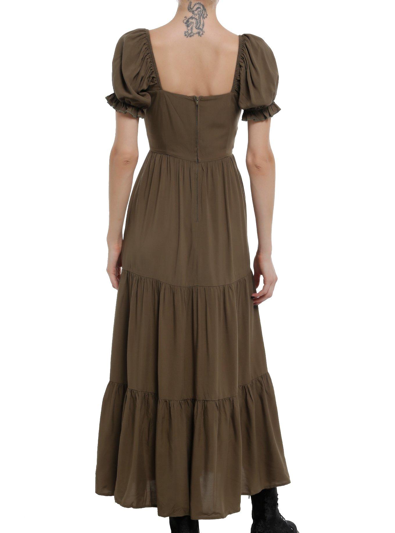 Olive Green Pearl Bow Puff Sleeve Maxi Dress, GREEN, alternate