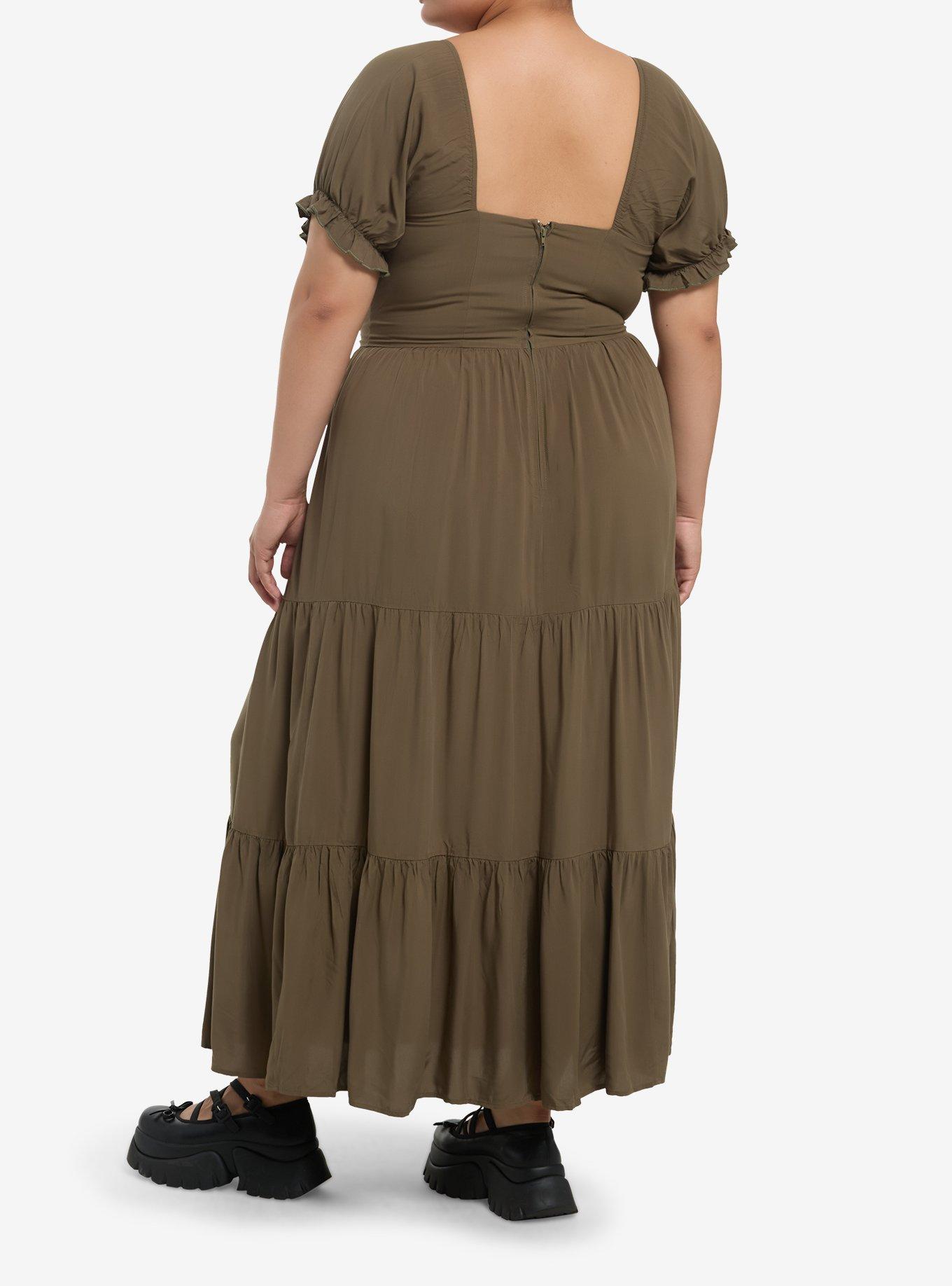 Olive Green Pearl Bow Puff Sleeve Maxi Dress Plus Size, , hi-res