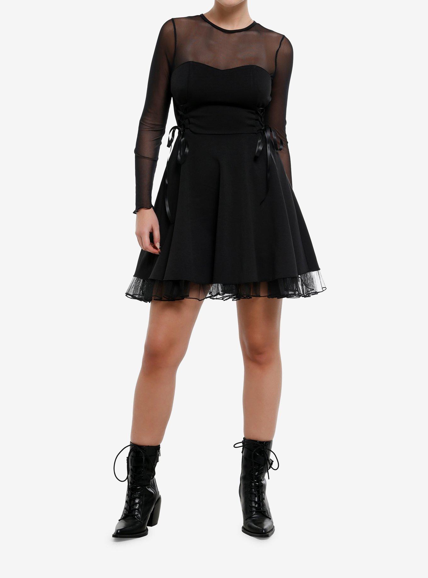 Cosmic Aura Black Lace-Up Mesh Long-Sleeve Dress, , hi-res