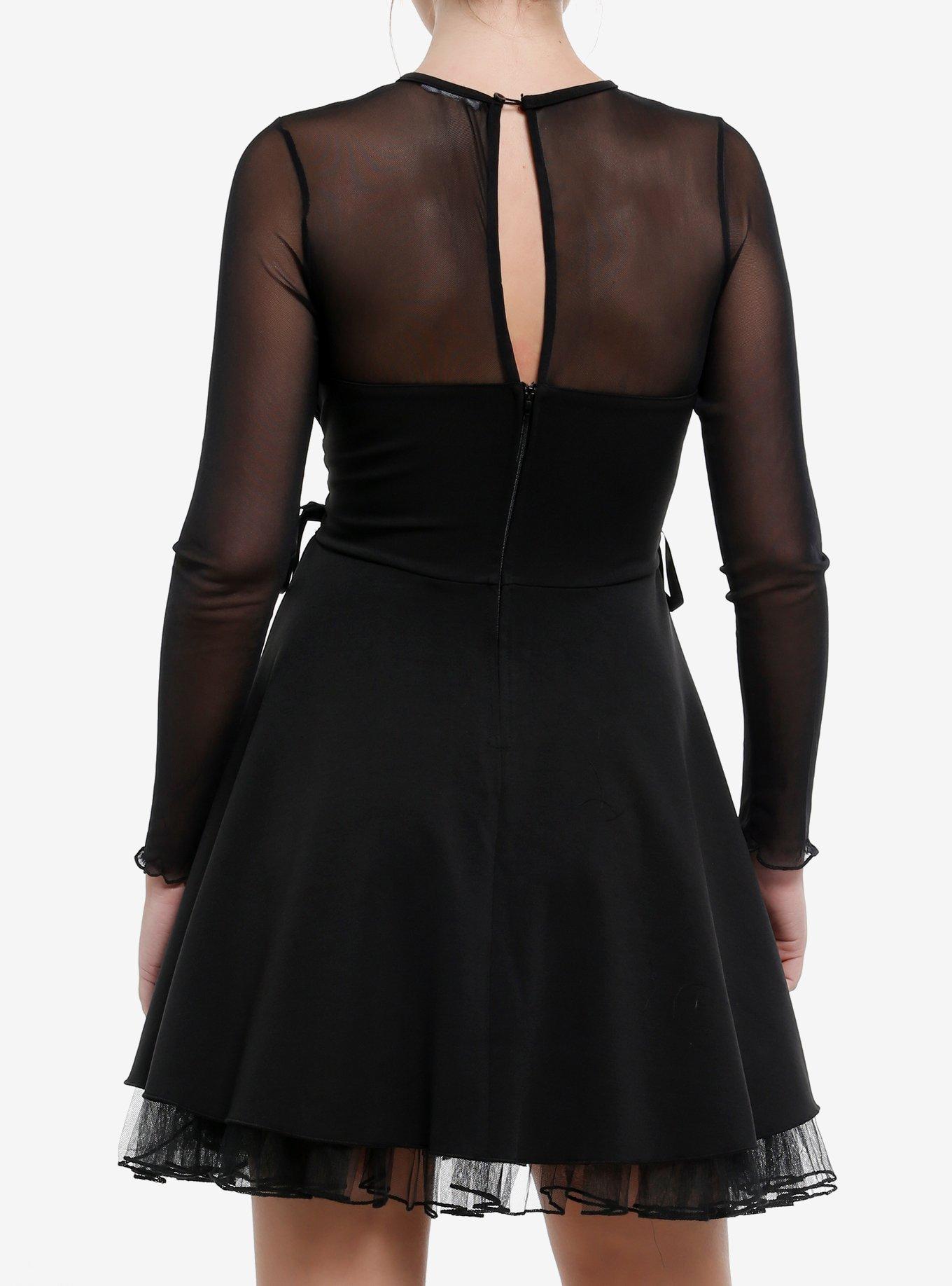 Cosmic Aura Black Lace-Up Mesh Long-Sleeve Dress, BLACK, alternate