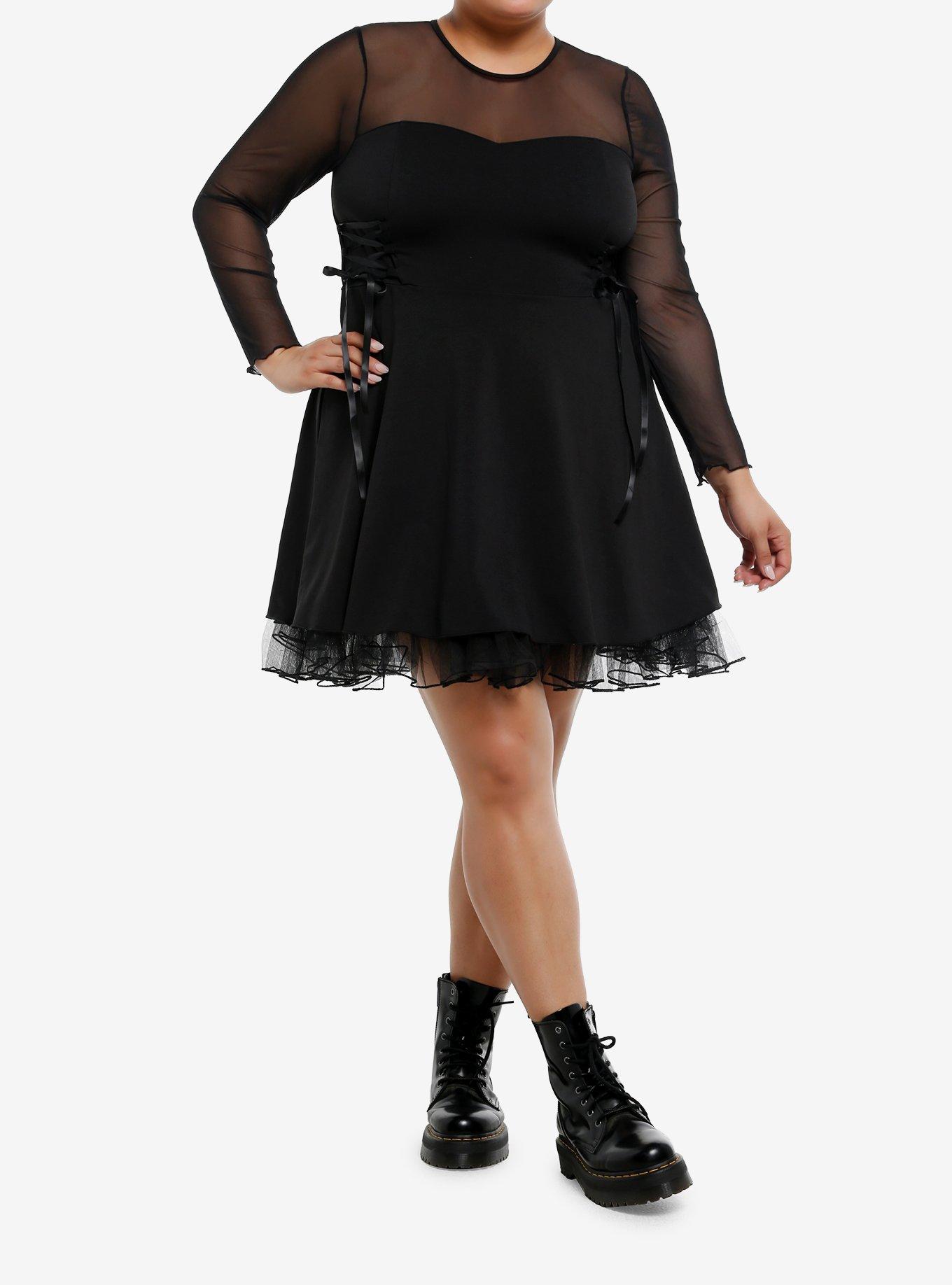 Cosmic Aura Black Lace-Up Mesh Long-Sleeve Dress Plus Size, , hi-res