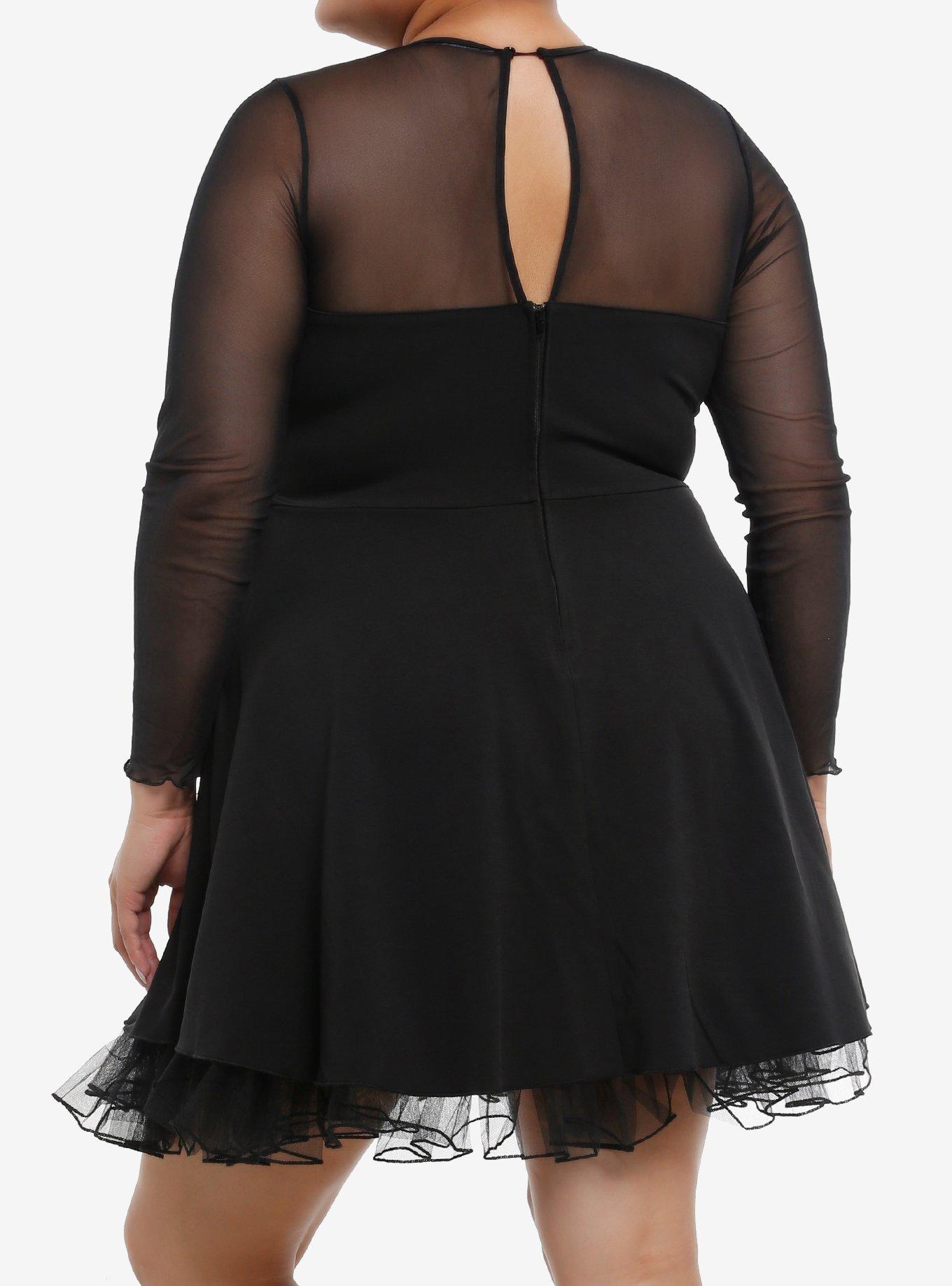 Cosmic Aura Black Lace-Up Mesh Long-Sleeve Dress Plus Size, BLACK, alternate