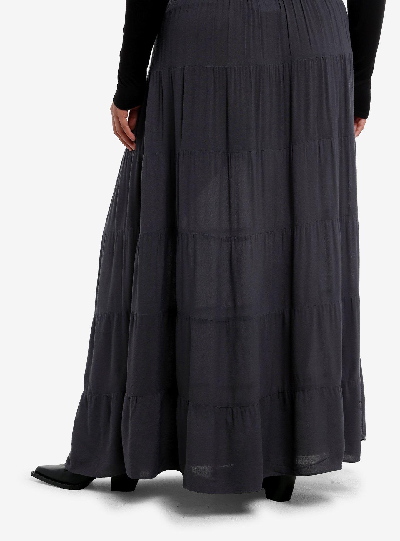 Grey Crinkle Tiered Maxi Skirt Plus Size, , hi-res