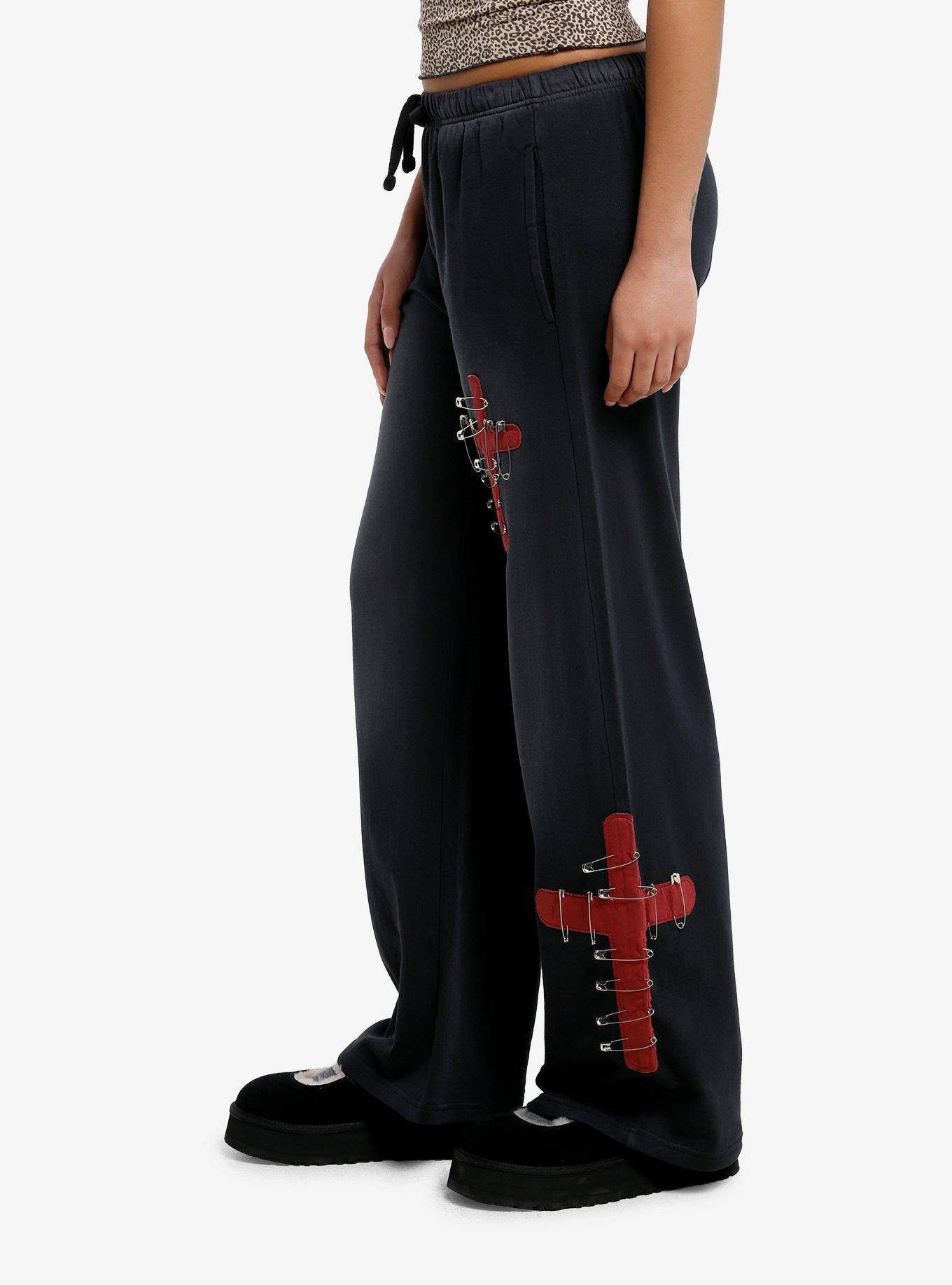 Faded Black Cross & Safety Pin Wide Leg Girls Lounge Pants, RED, alternate