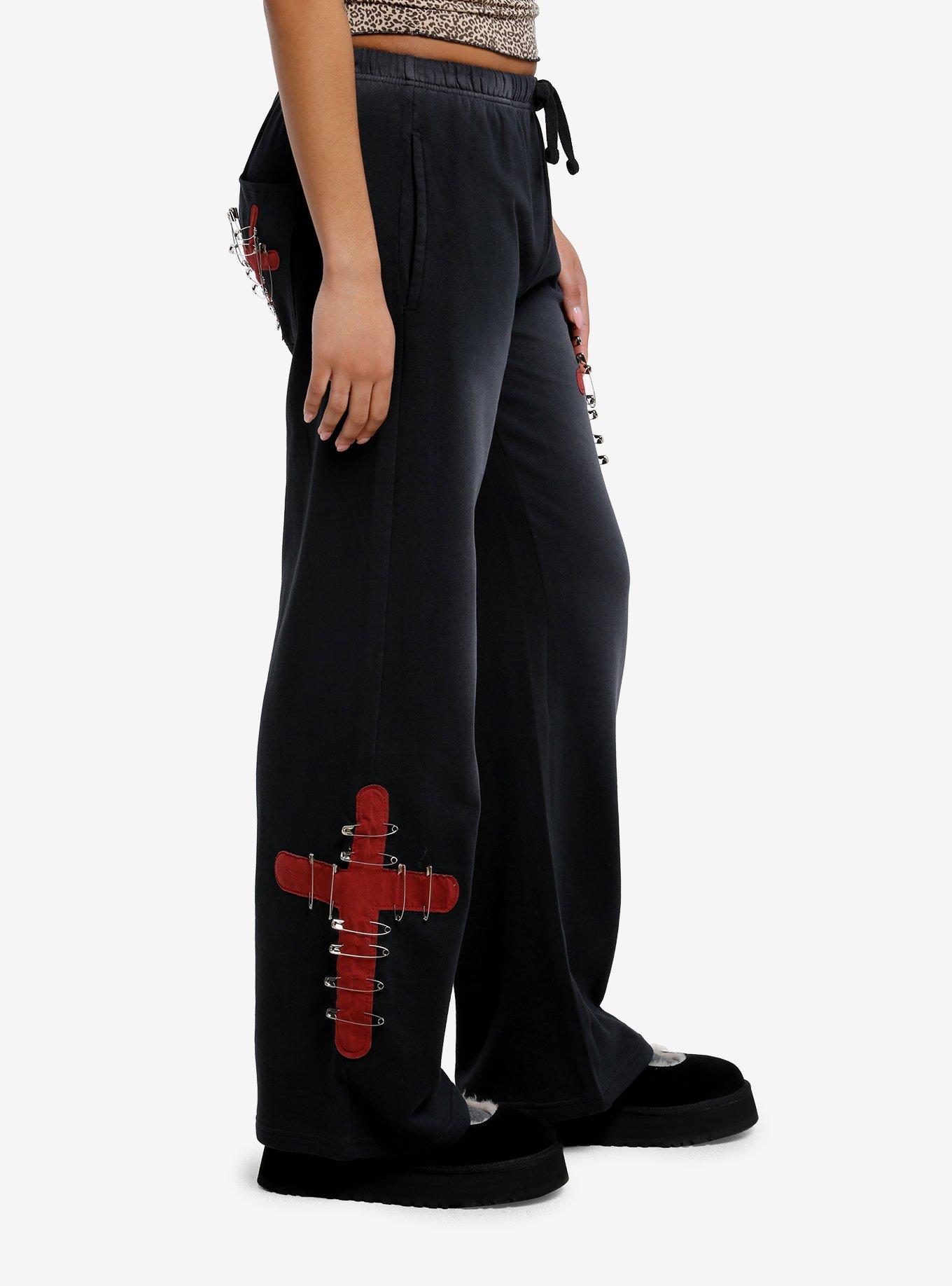 Faded Black Cross & Safety Pin Wide Leg Girls Lounge Pants, RED, alternate