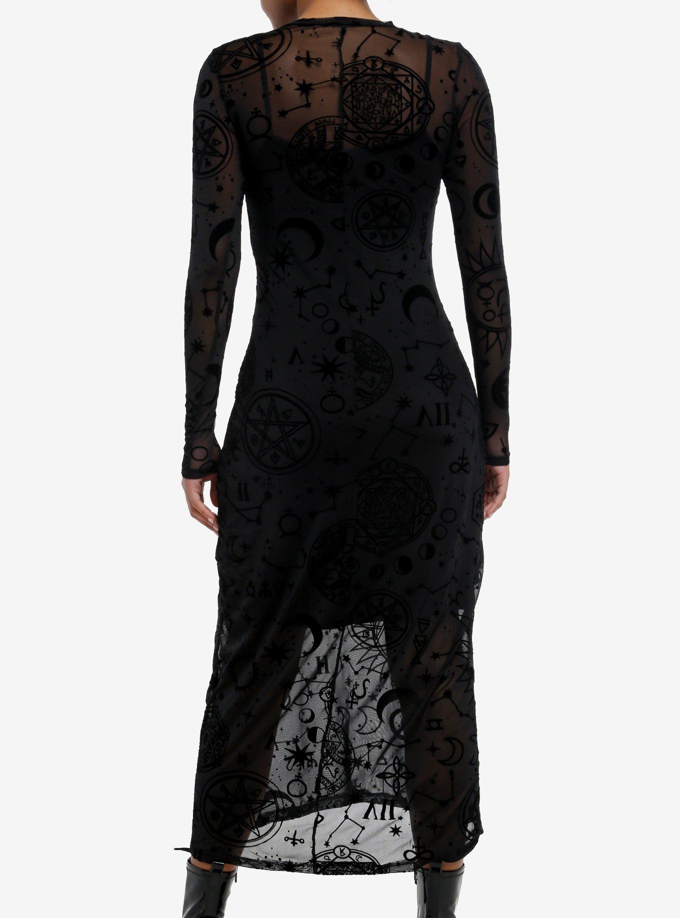 Cosmic Aura Black Celestial Flocked Mesh Maxi Dress, BLACK, alternate