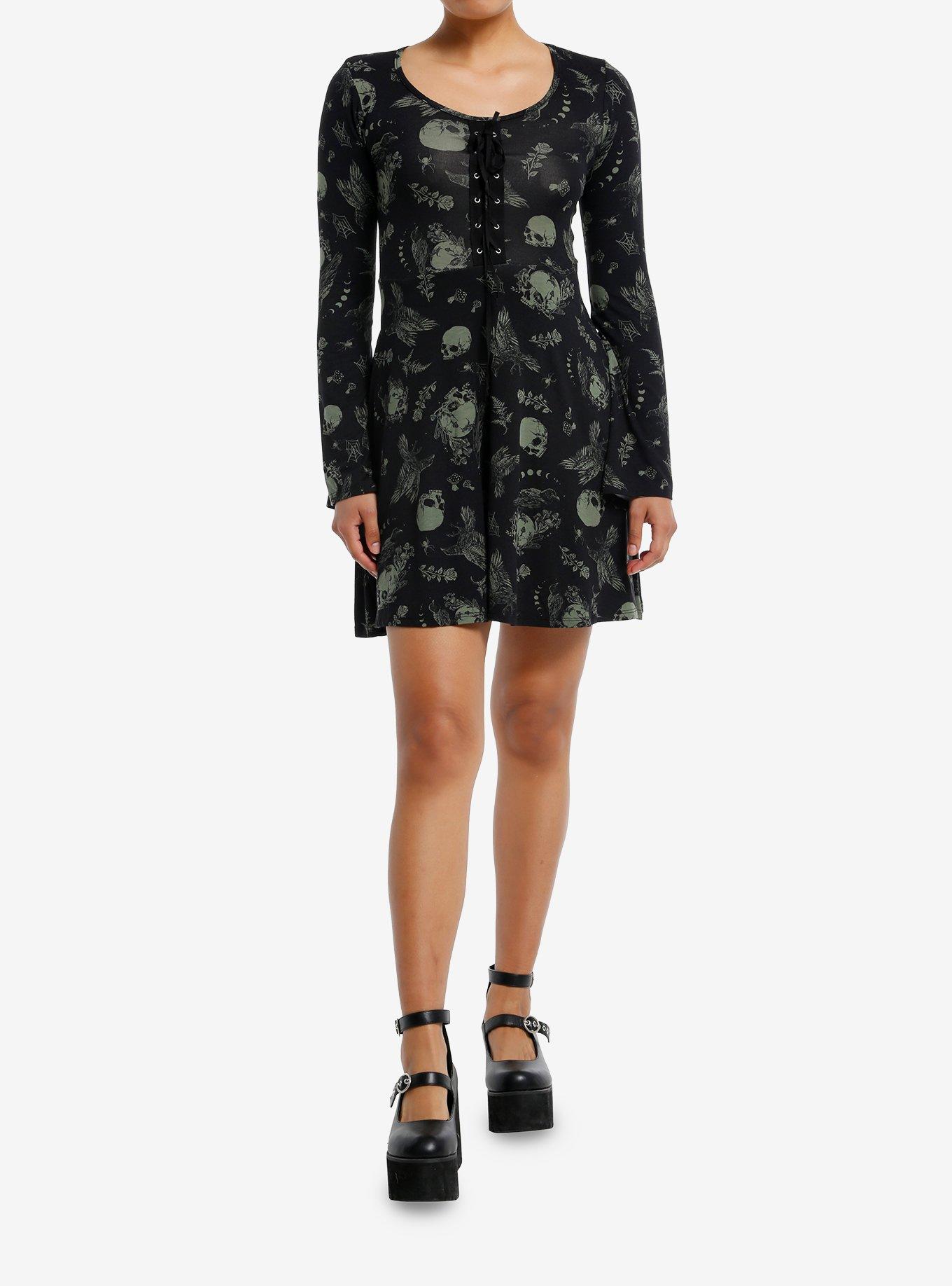 Cosmic Aura Black & Green Skull Crow Bell Sleeve Dress, , hi-res