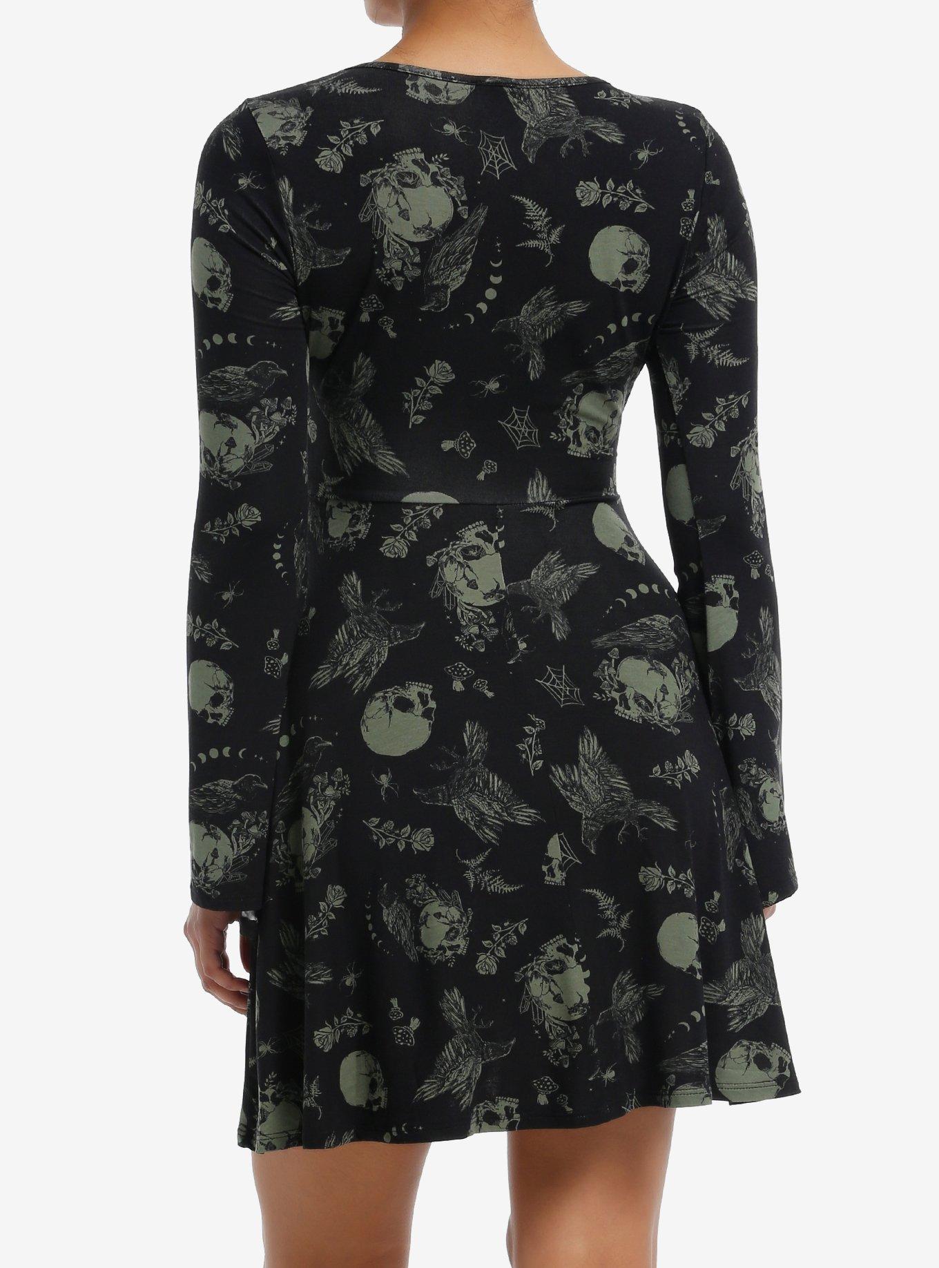 Cosmic Aura Black & Green Skull Crow Bell Sleeve Dress, GREEN, alternate