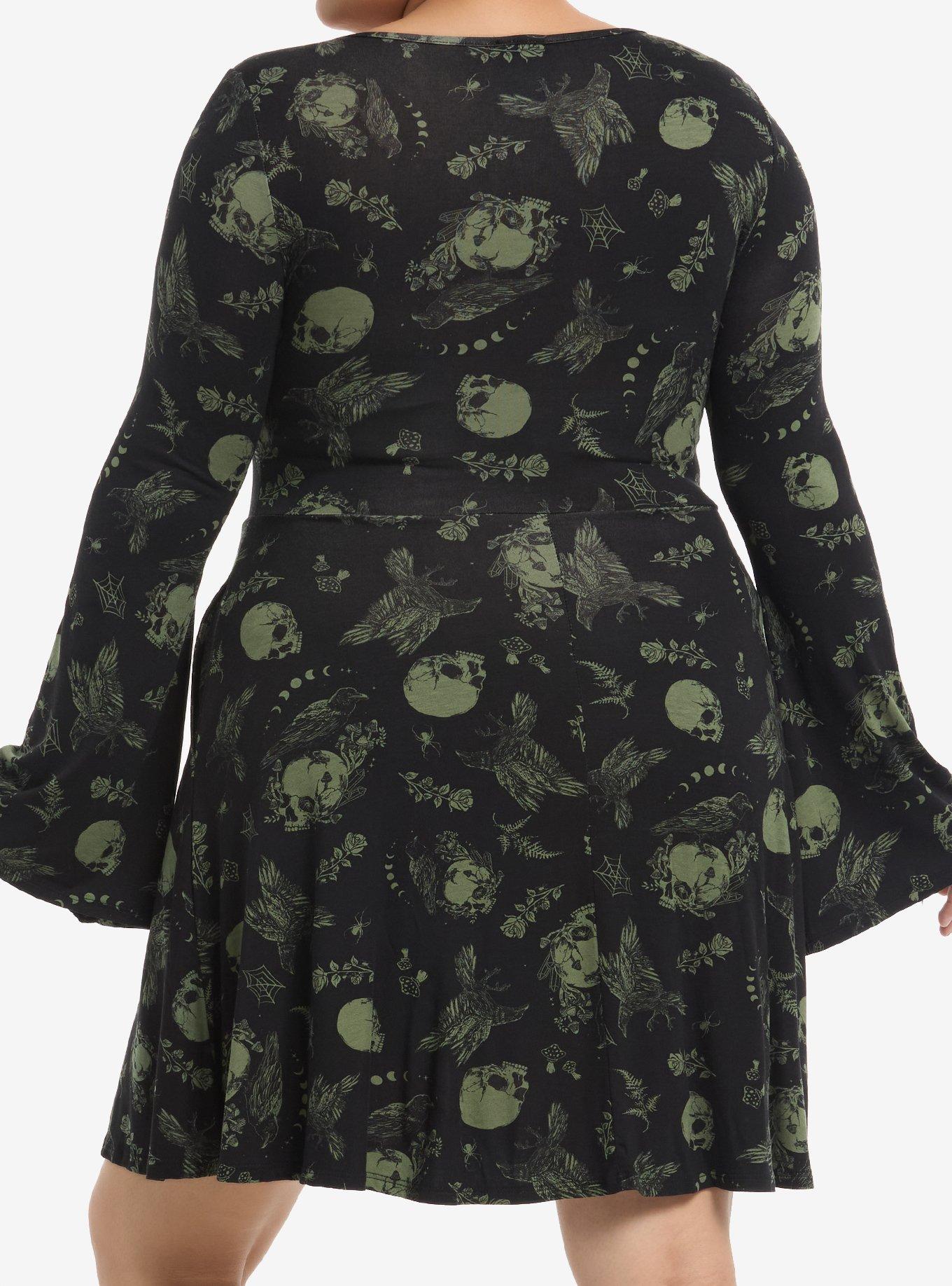 Cosmic Aura Black & Green Skull Crow Bell Sleeve Dress Plus Size, GREEN, alternate