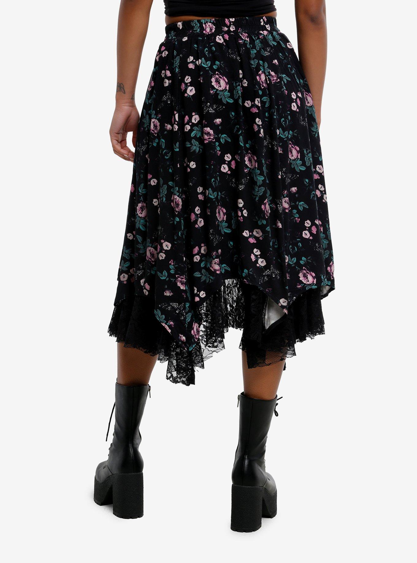 Thorn & Fable Moth Floral Lace Hanky Hem Midi Skirt, , hi-res