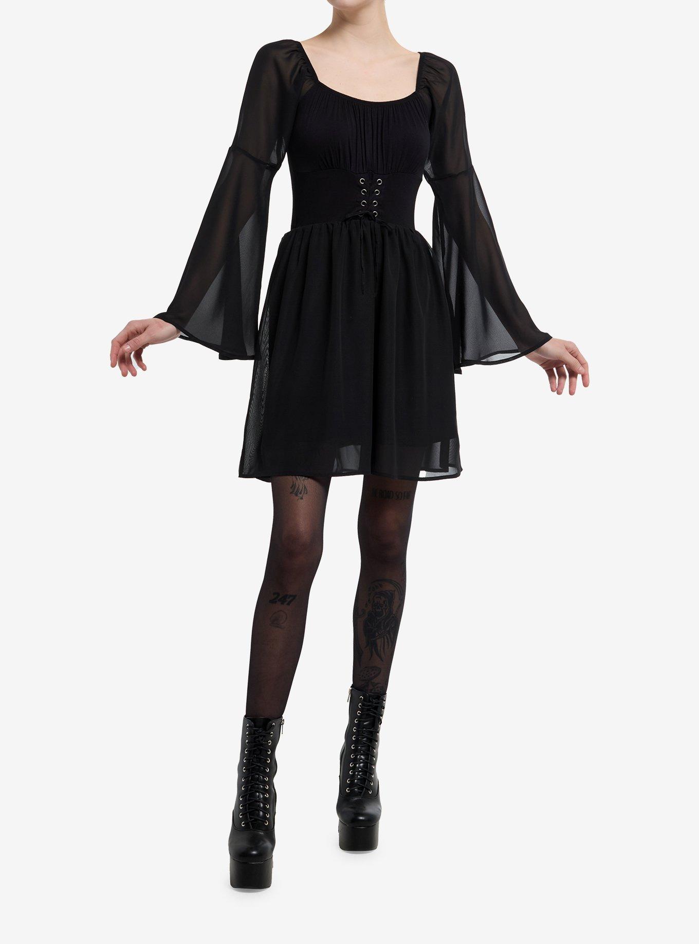 Cosmic Aura Black Lace-Up Bell Sleeve Dress, , hi-res