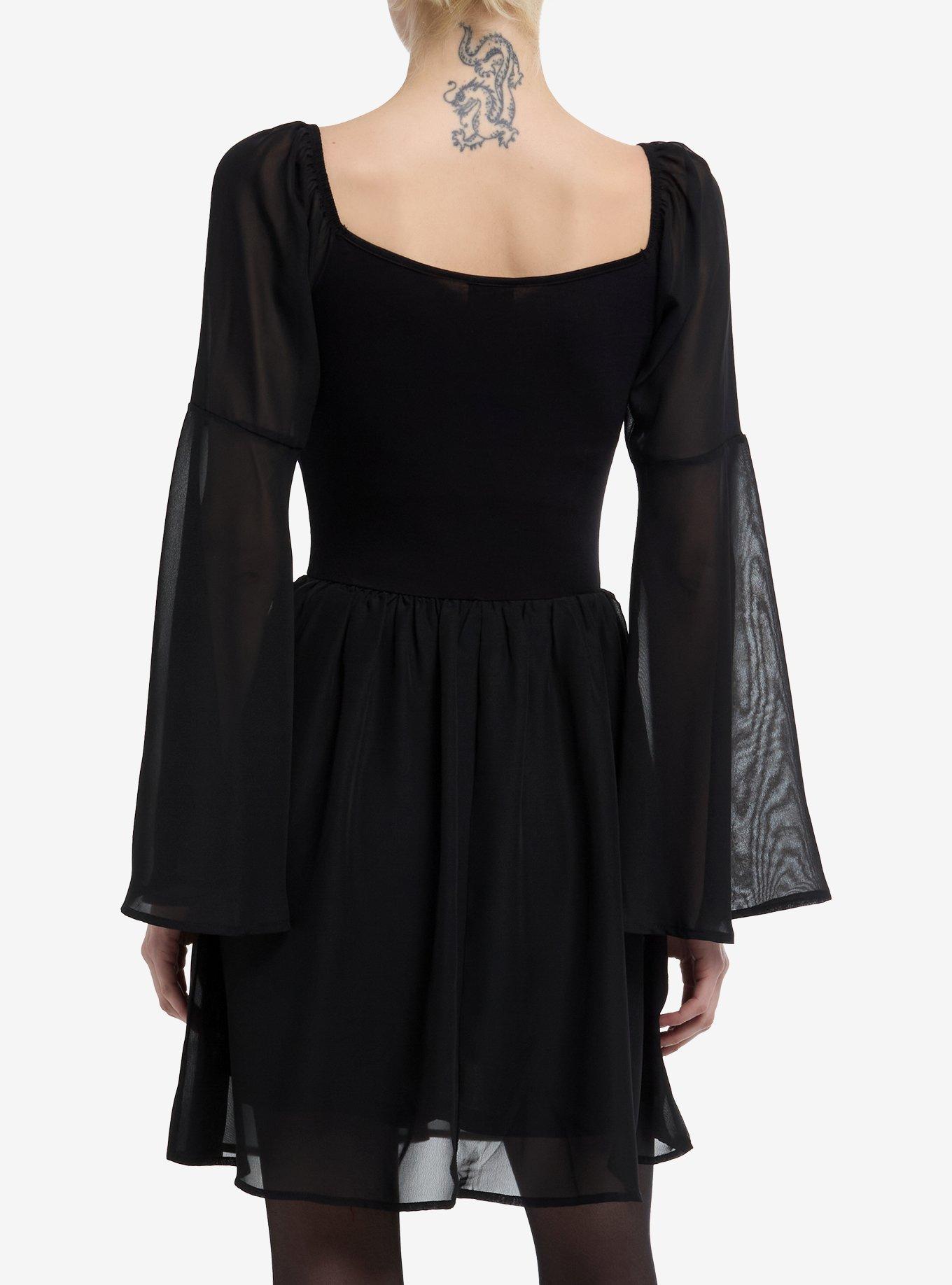 Cosmic Aura Black Lace-Up Bell Sleeve Dress, BLACK, alternate