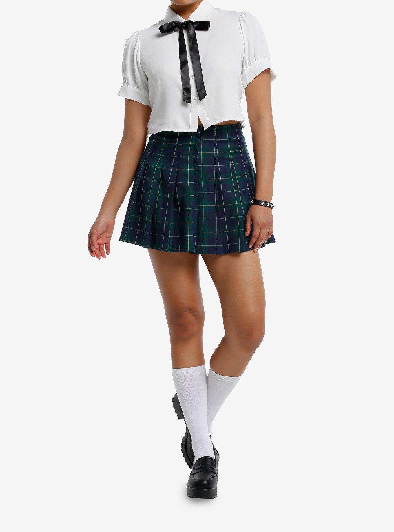 Thorn & Fable White Puff Sleeve Ribbon Tie Girls Crop Woven Button-Up, , hi-res