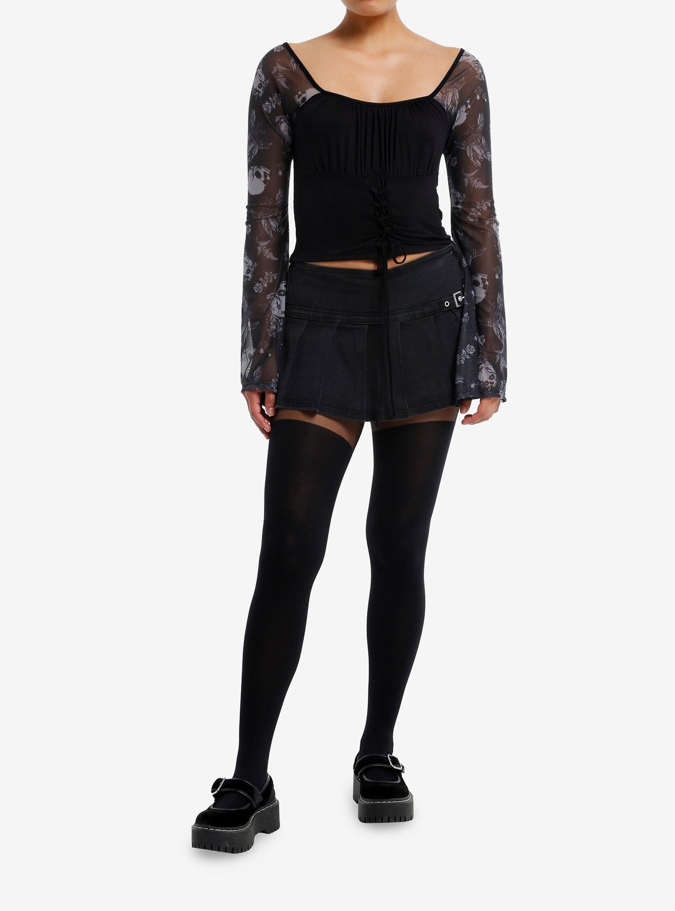 Cosmic Aura Skulls & Crows Mesh Bell Sleeve Girls Crop Top, , hi-res