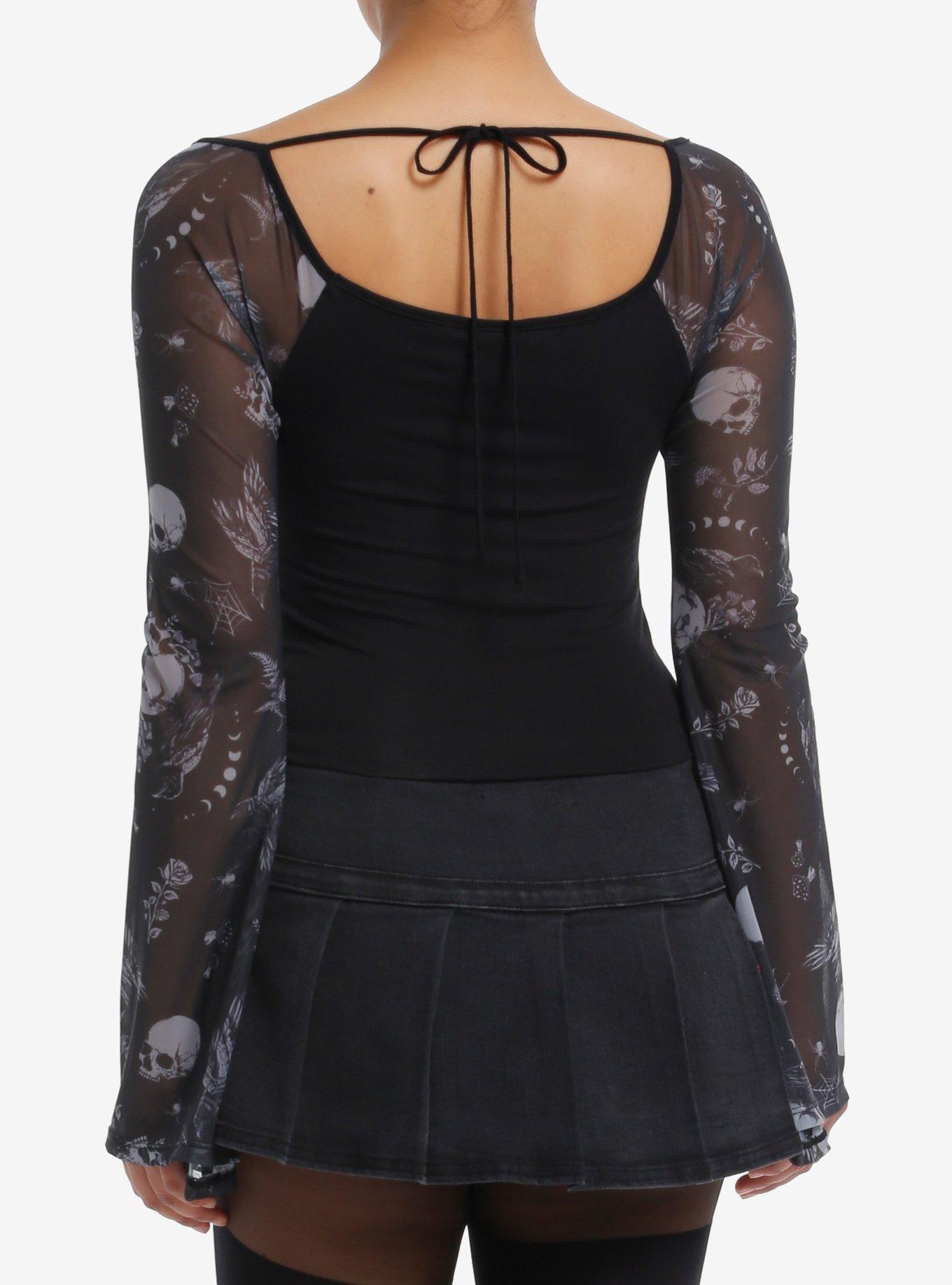 Cosmic Aura Skulls & Crows Mesh Bell Sleeve Girls Crop Top, GREEN, alternate