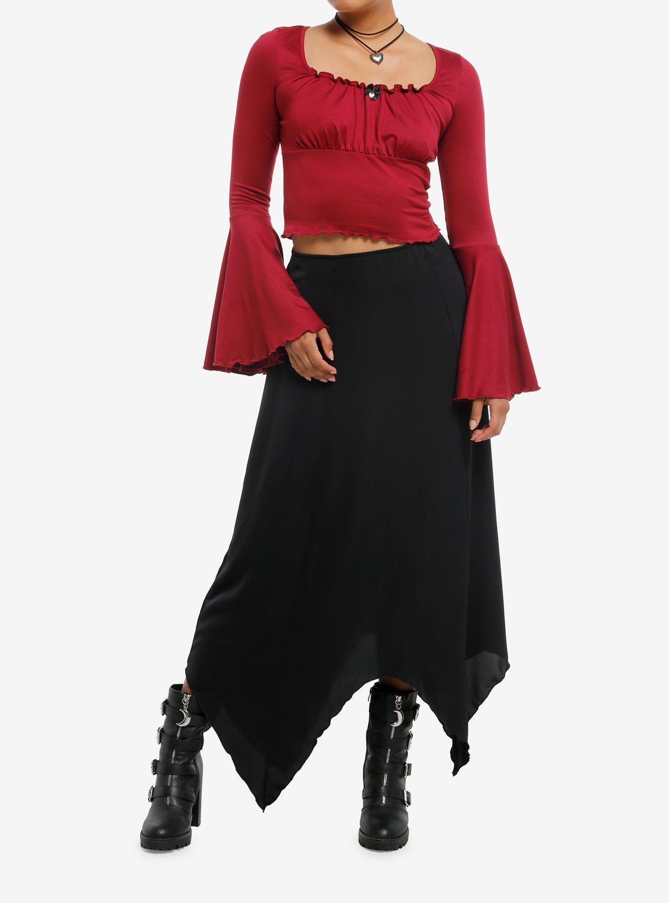 Cosmic Aura Maroon Bell Sleeve Girls Crop Top, , hi-res