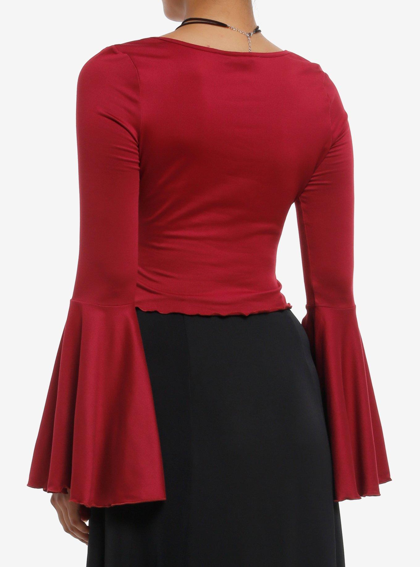 Cosmic Aura Maroon Bell Sleeve Girls Crop Top, MAROON, alternate