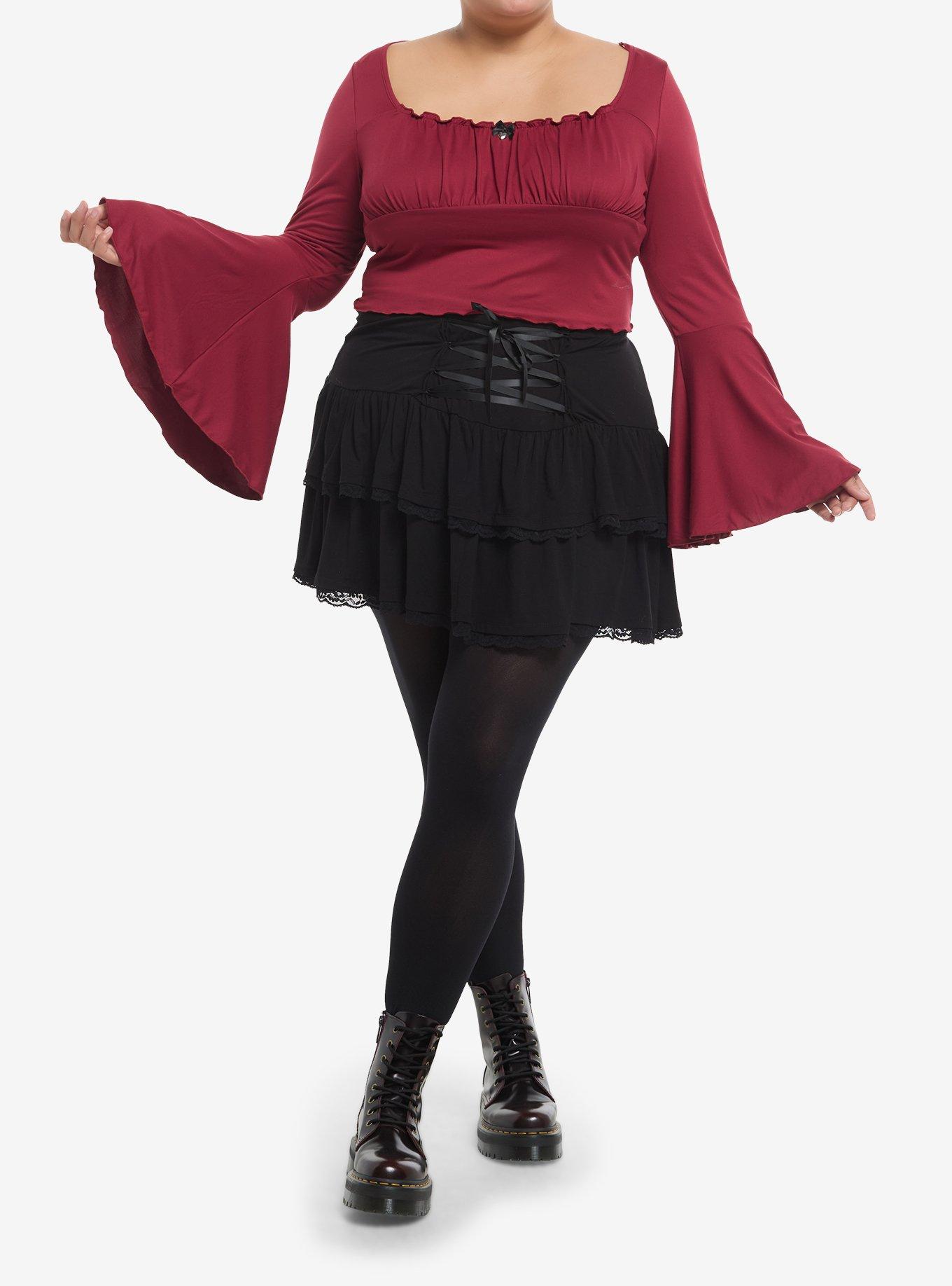 Cosmic Aura Maroon Bell Sleeve Girls Crop Top Plus Size, , hi-res