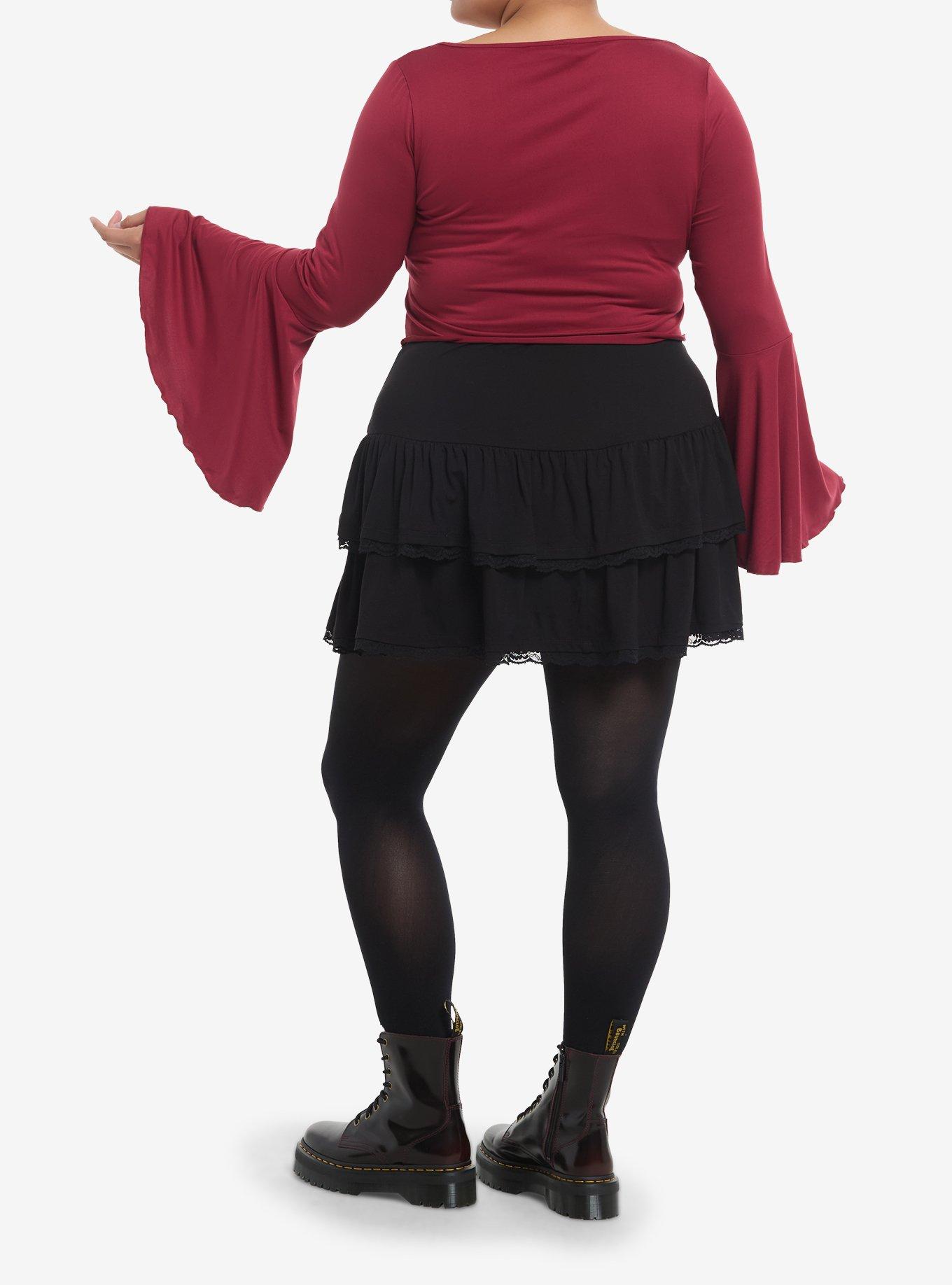 Cosmic Aura Maroon Bell Sleeve Girls Crop Top Plus Size, MAROON, alternate