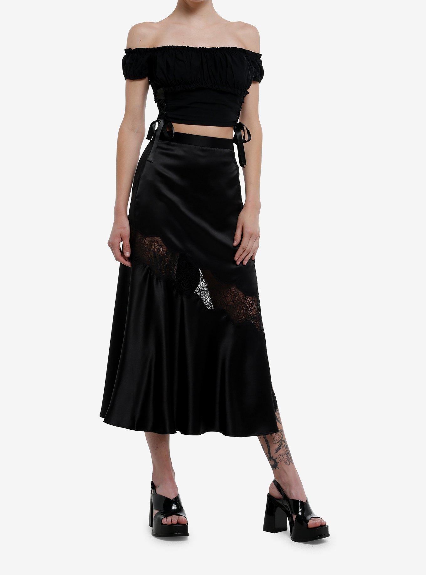 Cosmic Aura Black Lace-Up Off-Shoulder Girls Crop Top, BLACK, alternate