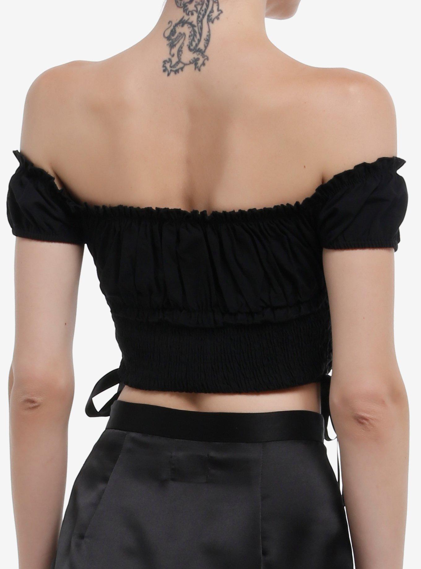 Cosmic Aura Black Lace-Up Off-Shoulder Girls Crop Top, BLACK, alternate