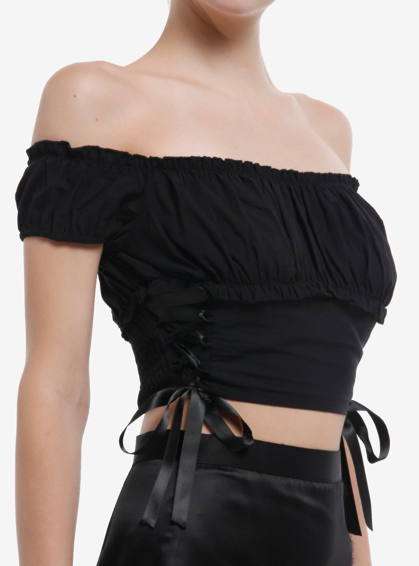 Cosmic Aura Black Lace-Up Off-Shoulder Girls Crop Top, BLACK, alternate