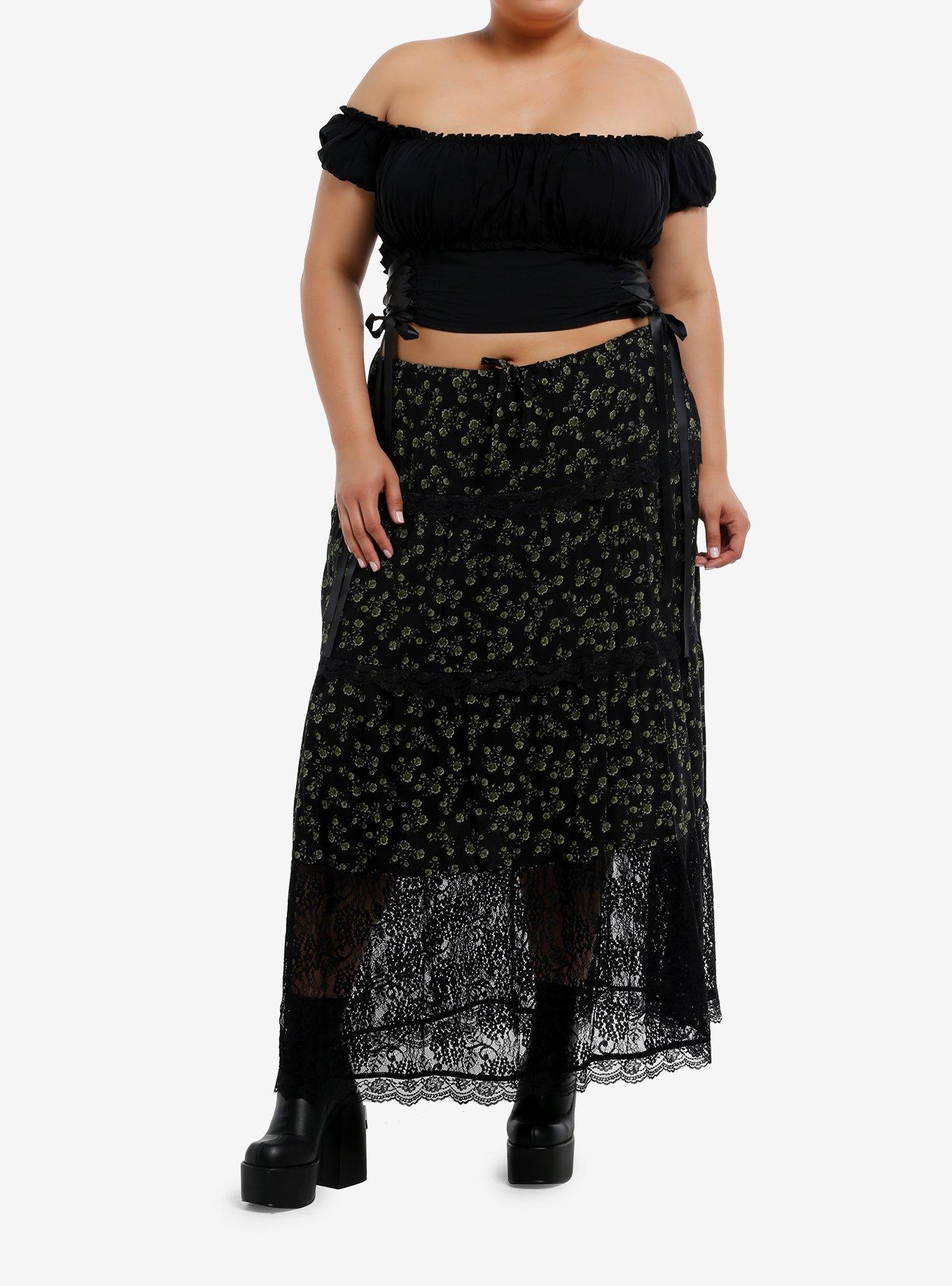 Cosmic Aura Black Lace-Up Girls Off-Shoulder Crop Top Plus Size, , hi-res