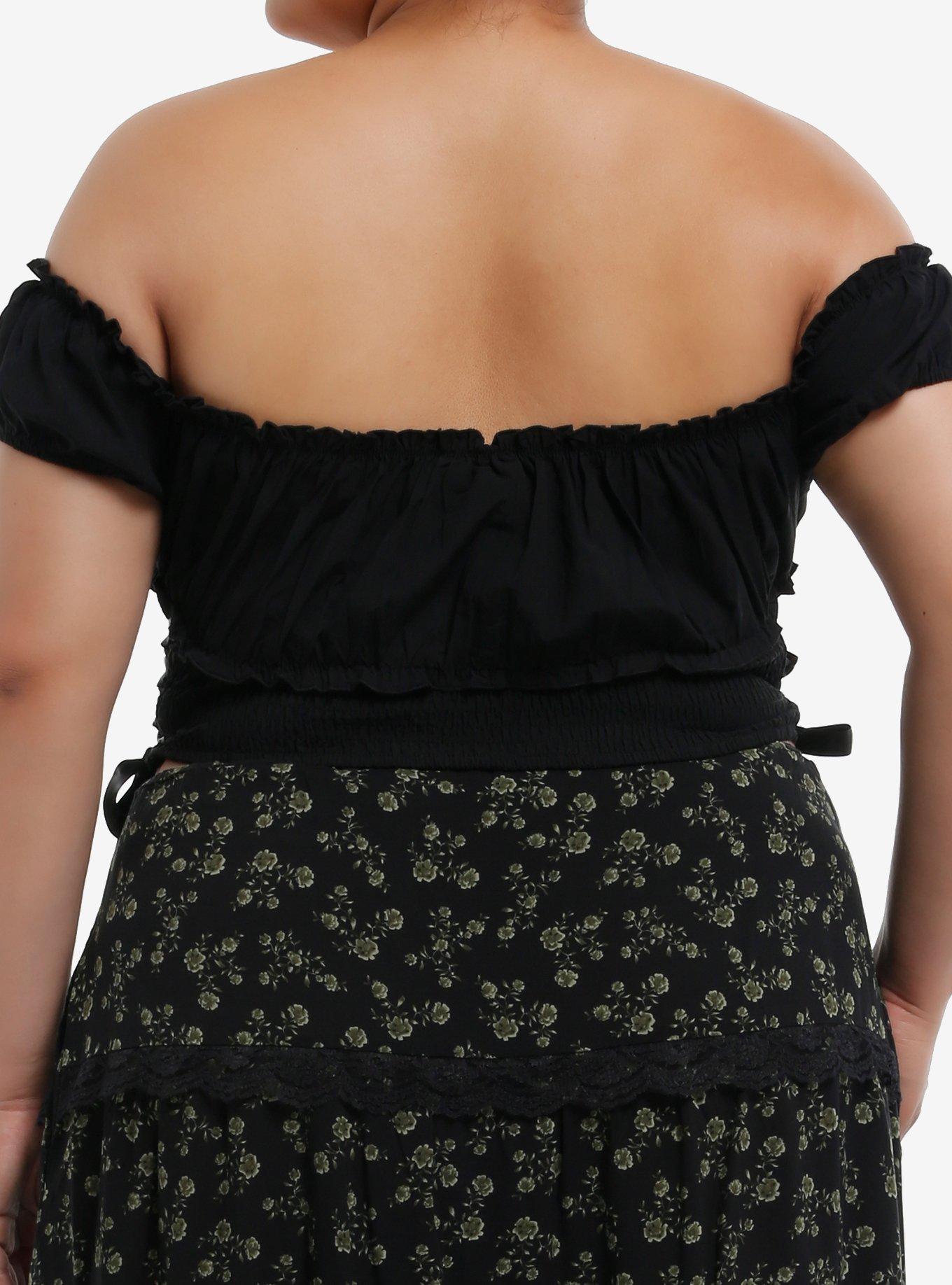 Cosmic Aura Black Lace-Up Off-Shoulder Girls Crop Top Plus Size, BLACK, alternate