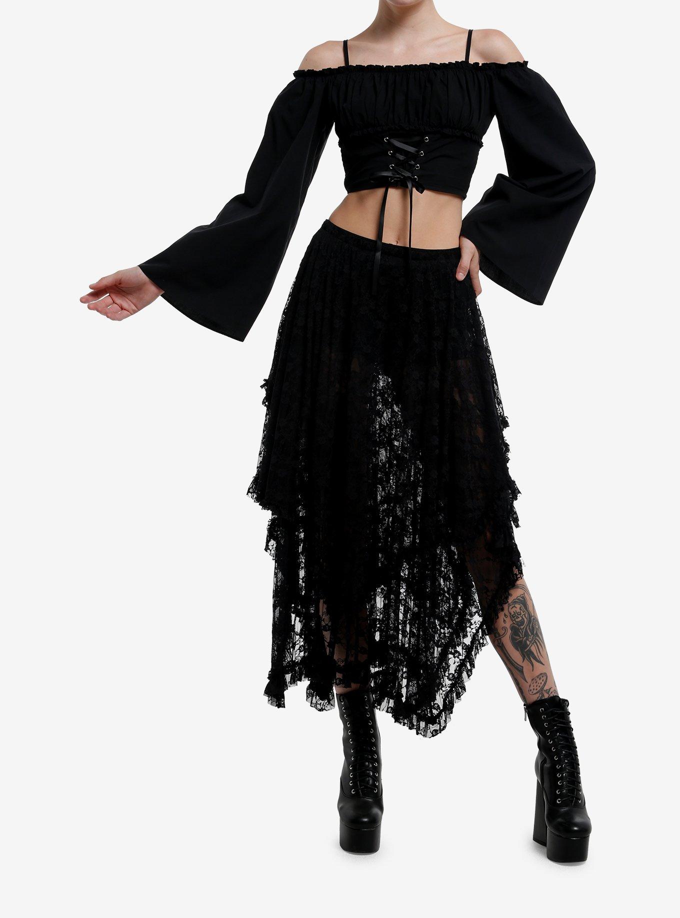 Cosmic Aura Black Lace-Up Cold Shoulder Girls Crop Top, , hi-res