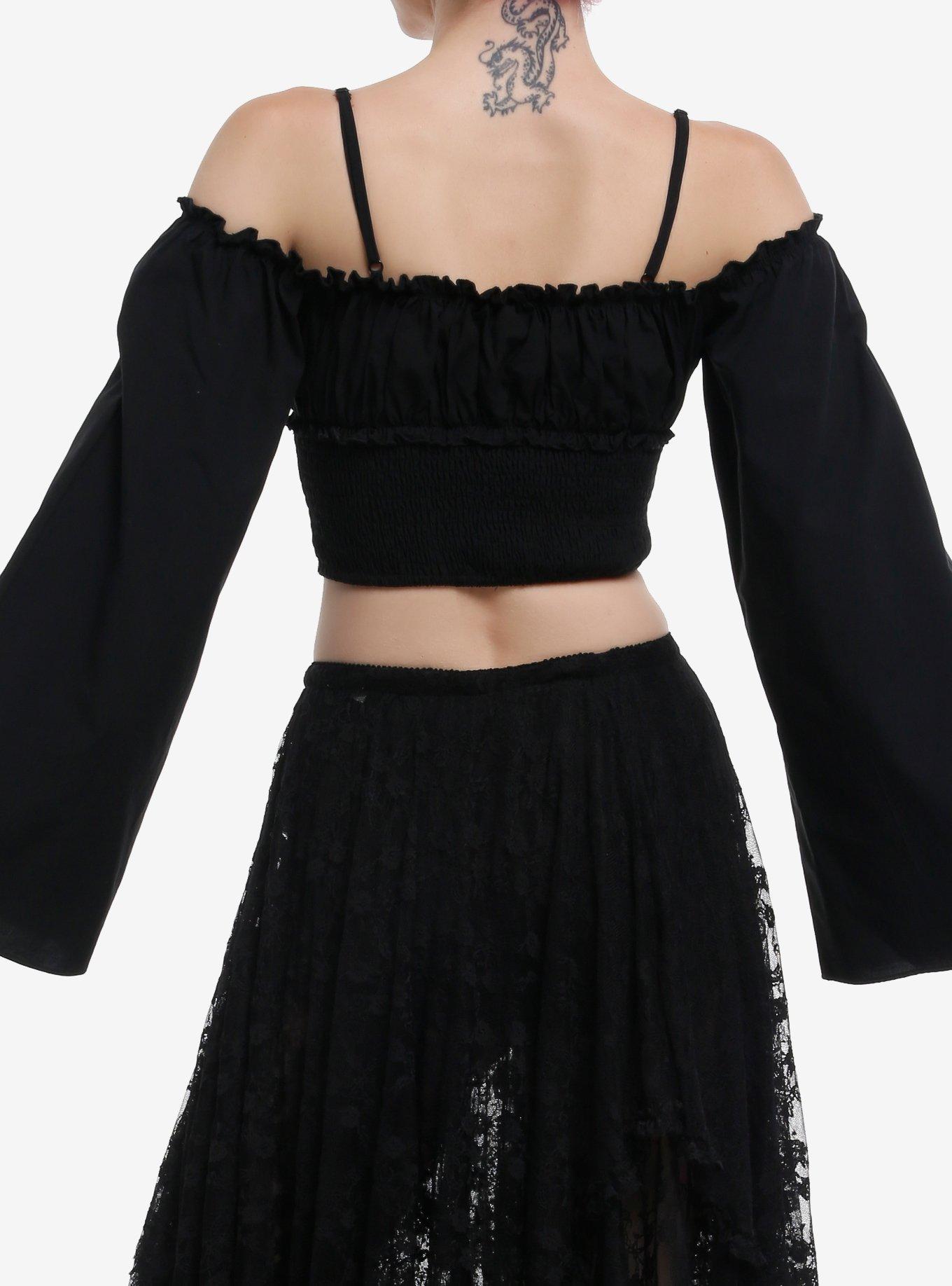 Cosmic Aura Black Lace-Up Cold Shoulder Girls Crop Top, BLACK, alternate